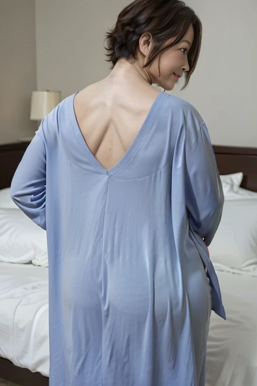 18 year old in the bedroom wearing pajamas that reshape her curves, she has her back to you