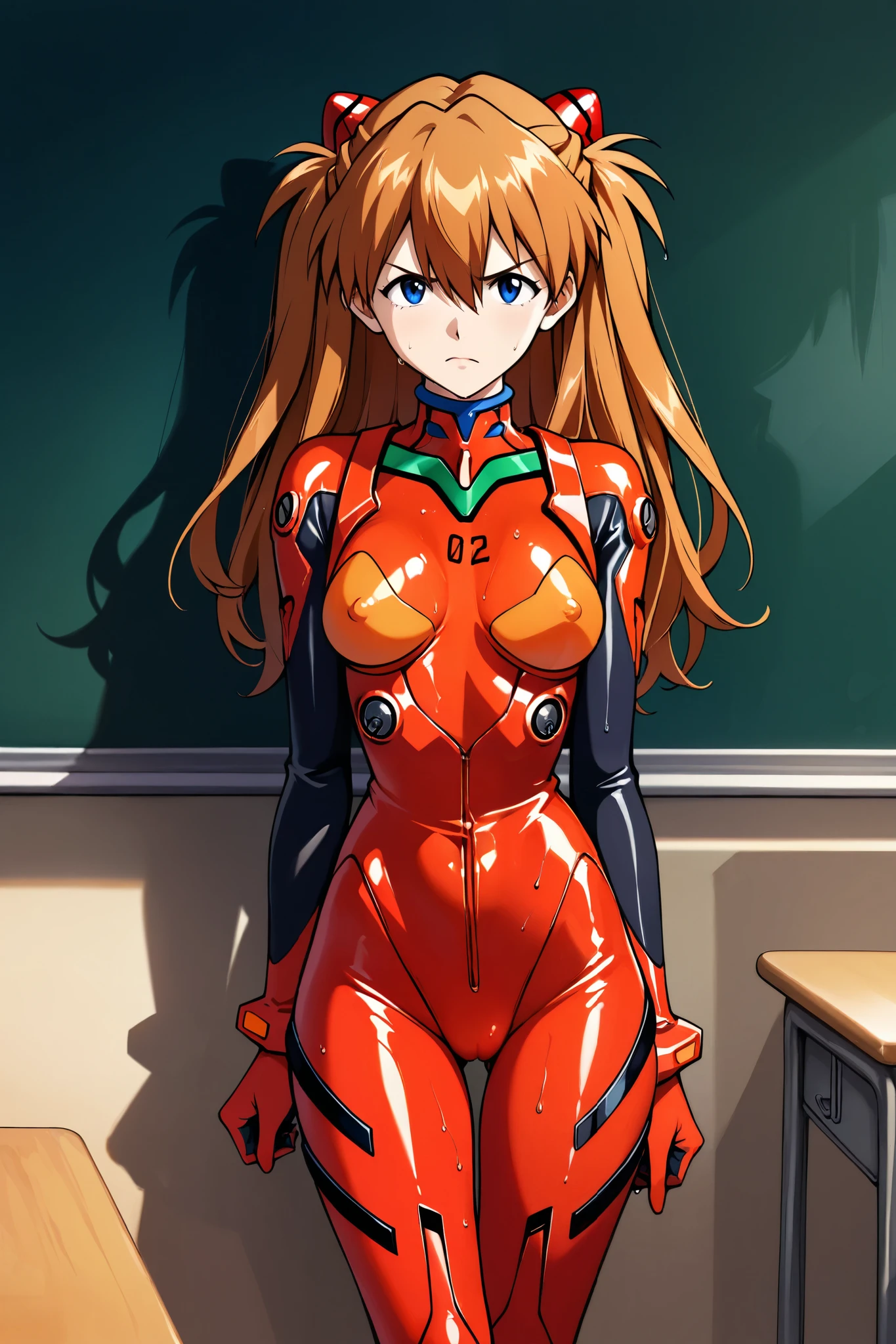 Highly detailed, slender legs, thin waist, anime, anime style, in classroom, normal sized body, shadows, sexy eyes, highly detailed eyes,, 8k, sexy face, small perky breasts, anime style, black outline, bright colors, vibrant, Asuka Langley Soryu,, 18 years old, youthful face, tight red jumpsuit, shiny, smaller eyes, realistic eyes, cute eyes, annoyed expression, highly detailed eyes, anime eyes, slight vagina outline, showing breasts, looking at viewer, nipple outline, shiny, wet,