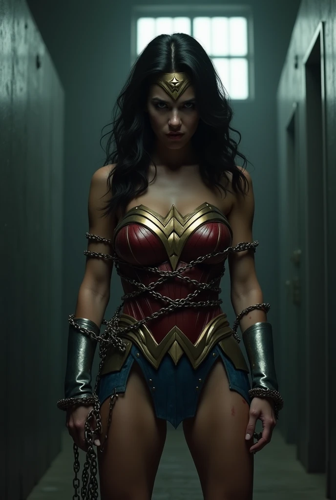 Wonder Woman with skirt surrounded by a group of men, possibly in a dangerous situation. She restrained in some way, such as being tied up, chained, or shackled. The image should show Wonder Woman's strength and determination, despite her inability to move freely. Her facial expression can be serious or intense, as she struggles against her restraints. The image can convey a sense of danger, as well as the potential for Wonder Woman to escape or otherwise overpower her captors. The image should have a dynamic energy, with Wonder Woman firmly at the center. Full body, BDSM.