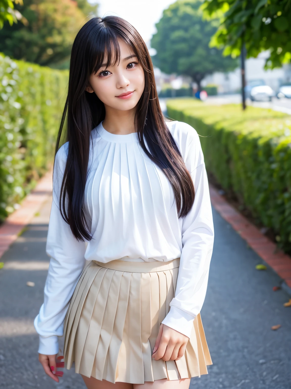 8K、Detailed Description、Very high definition、Realistic、reality的、Real、live-action、reality、High resolution、Nogizaka46、japanese idol,beautiful girl、21 years old、Dark brown eyes、Building district、sunny、smile, closed mouth,Long Hair、Headband、Knee-up-top angle of view、Back view、look back、hoodie、moe sleeves,Long skirt、Very black hair、pretty girl、Beauty、Glowing Skin、Glowing Skin、Shiny Hair、Very white skin、Heavy makeup、Large Breasts、Slit eyes、Big Eyes、Double eyelids、Don&#39;t show your teeth、