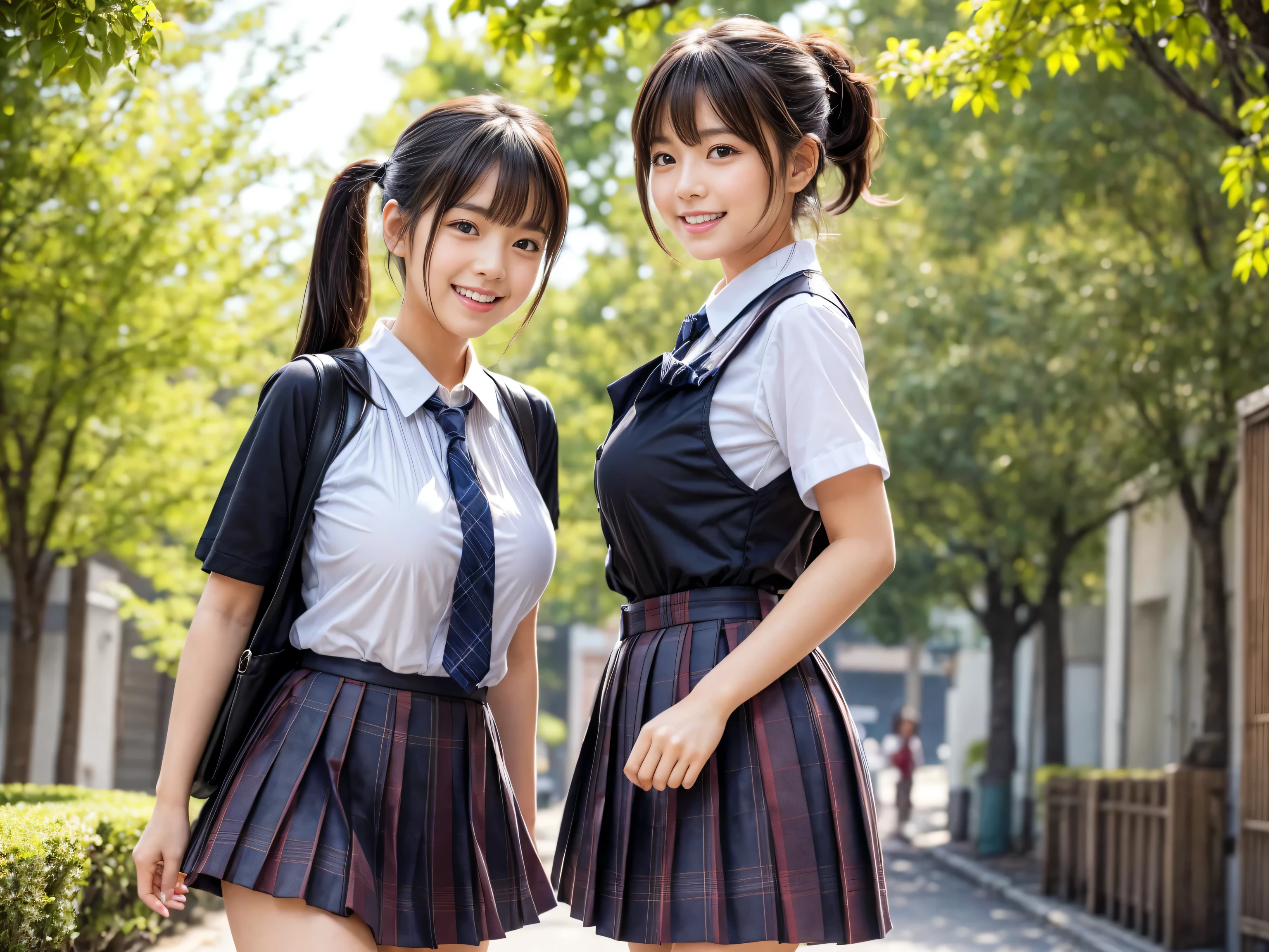 1ung girls, (highly detailed Beautiful face), smile happily, (Best Quality:1.4), (Ultra-detailed), (extremely detailed CG unified 8k wallpaper), Highly detailed, High-definition raw color photos, Professional Photography, Realistic portrait, Cinematic Light, ((Ponytail)), Bangs, (hi-school uniform, pleated mini skirt:1.3), classroom, view from below,