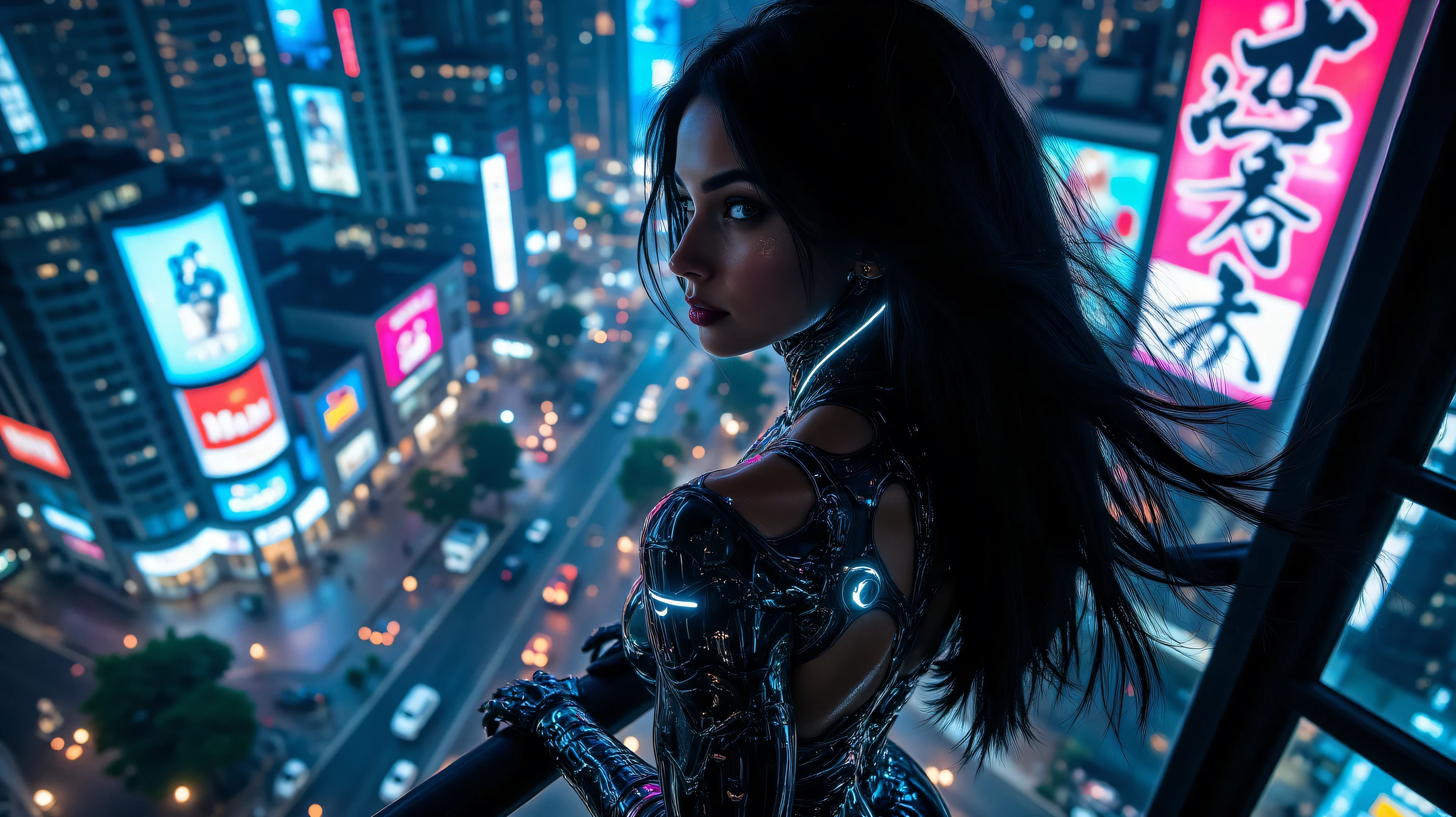 This breathtaking cinematic photo captures the enigmatic emergence of a figure in the heart of a solarpunk cityscape, bathed in the soft glow of neon lights. Clad in sleek, futuristic attire that shimmers with vibrant emerald hues, the subject is a black humanoid being with cybernetic enhancements, their features hidden in the shadows yet exuding an aura of elegance and intrigue. The cityscape around them is a harmonious blend of technology and nature, with towering eco-friendly skyscrapers reaching for the sky. The attention to detail in this photograph is meticulous, from the glistening Emerald hues of