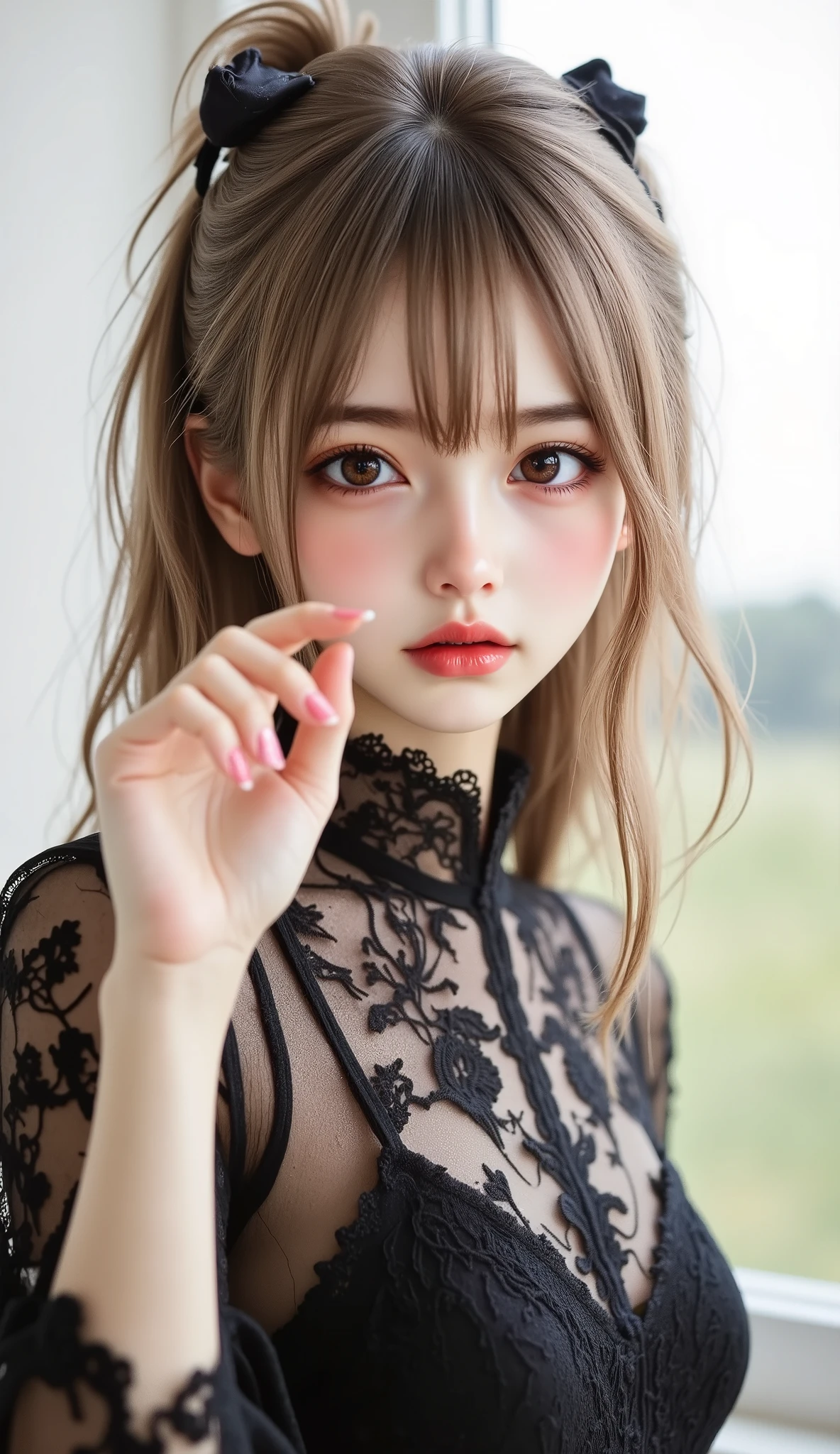 ((top quality)), ((masterpiece、High sensitivity、 High Resolution、up to the entrance、 Draw a delicate face))、(Small beautiful breasts、bust up)、 ((, Transcendental Young Face, idol face)), ((An innocent beautiful girl))、((Slender body line drawing delicate eyes and face))、( stylish hair 、shame:1.3, embarrassing expression:1.3) 、((Wearing a tight dress ))、 Countryside Scenery、(detailed hands:1.3, perfect right hand:1.2), Beautiful body lines reflected in backlighting、 (Tight Waist)、(Showing off her small beautiful ass:1.2), (Completely-Wide:1.2), (Leaning forward pose)