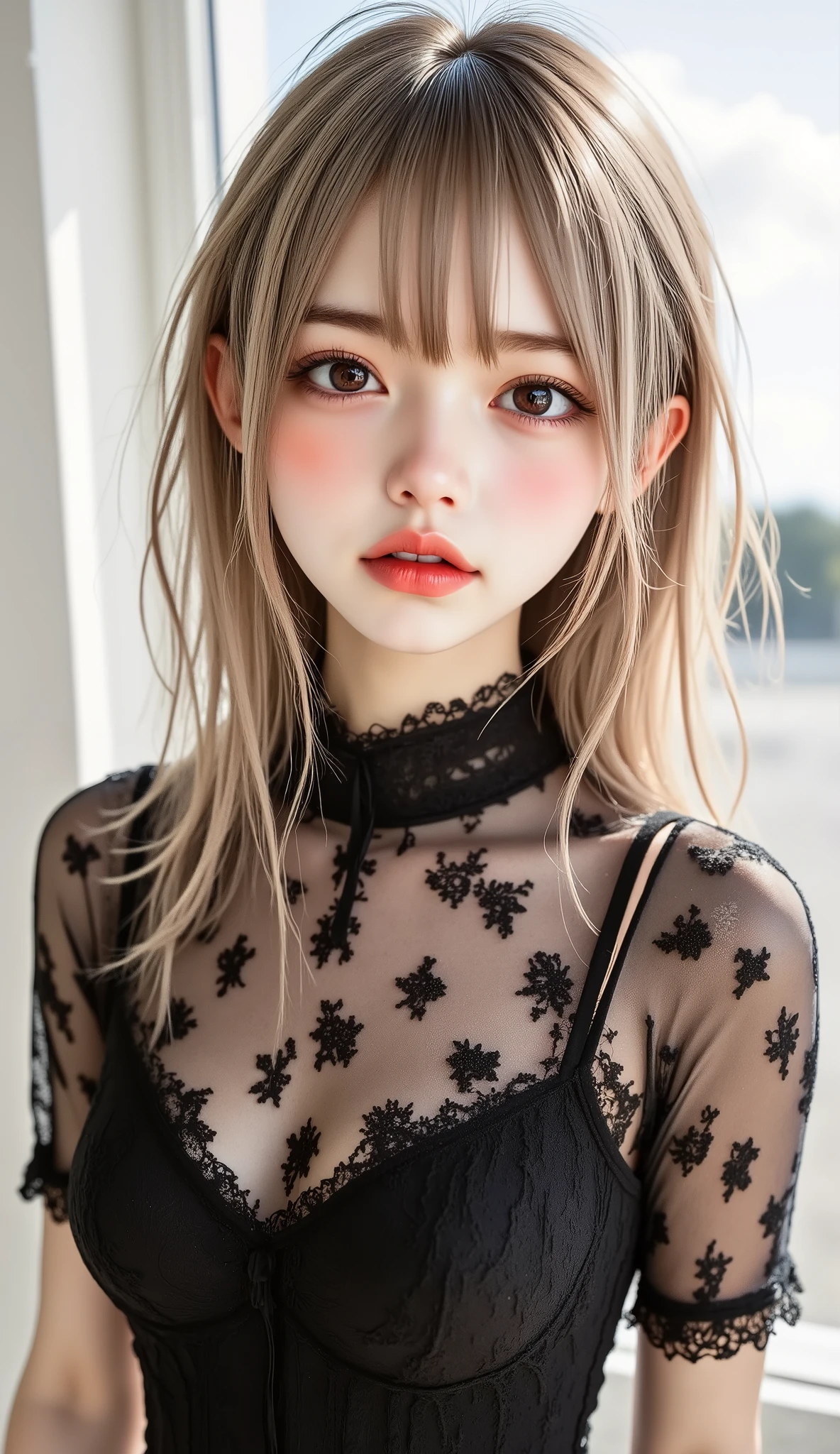((top quality)), ((masterpiece、High sensitivity、 High Resolution、up to the entrance、 Draw a delicate face))、(Small beautiful breasts、bust up)、 ((, Transcendental Young Face, idol face)), ((An innocent beautiful girl))、((Slender body line drawing delicate eyes and face))、( stylish hair 、shame:1.3, embarrassing expression:1.3) 、((Wearing a tight dress ))、 Countryside Scenery、(detailed hands:1.3, perfect right hand:1.2), Beautiful body lines reflected in backlighting、 (Tight Waist)、(Showing off her small beautiful ass:1.2), (Completely-Wide:1.2), (Leaning forward pose)