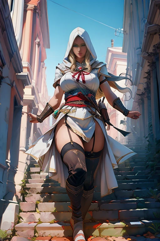 The woman, Altaïr's suit boots to the knee, Bracelets on the legs, socks, stockings, Jerusalem in the background, ((evening, night)), very detailed, Realistic long-term photography., 4k, short hair, brown hair,(((hood, hood)), ((shocks, garagantilla)),bracelet, sexy, dark skin, brown eyes, big breasts, big breasts