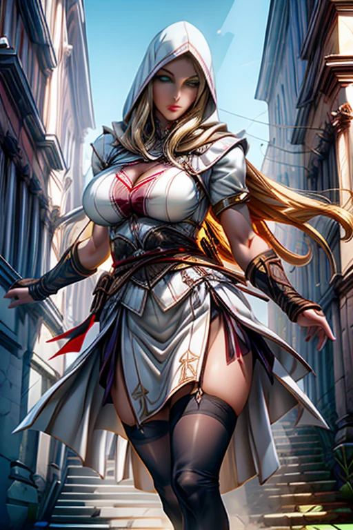 The woman, scantily clad, (((black clothes, black clothes))), knee high boots, Bracelets on the legs, socks, stockings, Medieval city in the background, Renaissance,renaissance, Very detailed, Realistic long-term photography., 4k, (((wide, blonde hair, by rubio))), by the chestnut, pink lips, ((hood, hood)), tattoo, Tattoo, leg Tattoo, sexy,pink lips, grey eyes,grey eyes, big Breasts, big breasts, Breasts, stocking, socks, black stockings, stocking, socks, black stockings