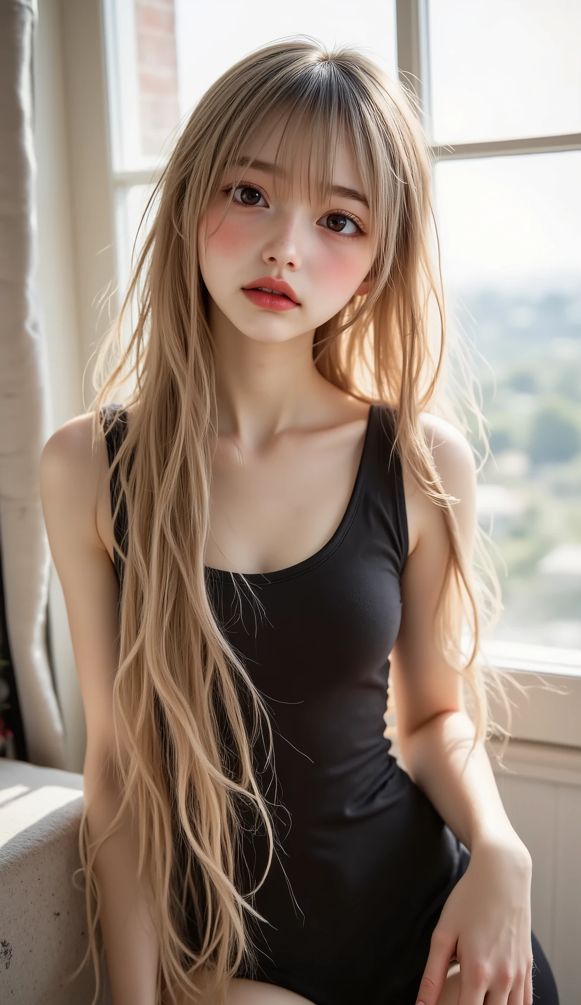 ((top quality)), ((masterpiece、High sensitivity、 High Resolution、up to the entrance、 Draw a delicate face))、(Small beautiful breasts、bust up)、 ((, Transcendental Young Face, idol face)), ((An innocent beautiful girl))、((Slender body line drawing delicate eyes and face))、 stylish hair 、(shame:1.3, embarrassing expression:1.3) 、((Wearing a tight dress ))、 Countryside Scenery、(detailed hands:1.3, perfect right hand:1.2), Beautiful body lines reflected in backlighting、 (Tight Waist)、(Showing off her small beautiful ass:1.2), (Completely-Wide:1.2), (Leaning forward pose)