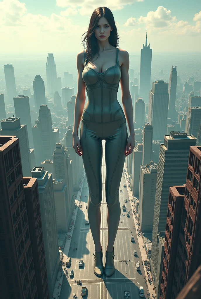 giantess art, highly detailed giantess shot, der riese, Beautiful girl wearing a huge swimsuit, Shorthair, Giant woman bigger than a skyscraper, Wearing rimless glasses, Colossal tits, Big ass,very small metropolis, miniature metropolis, Full body depiction, Removed clothes and accessories are scattered., nffsw, der riese, Small town,micro city,