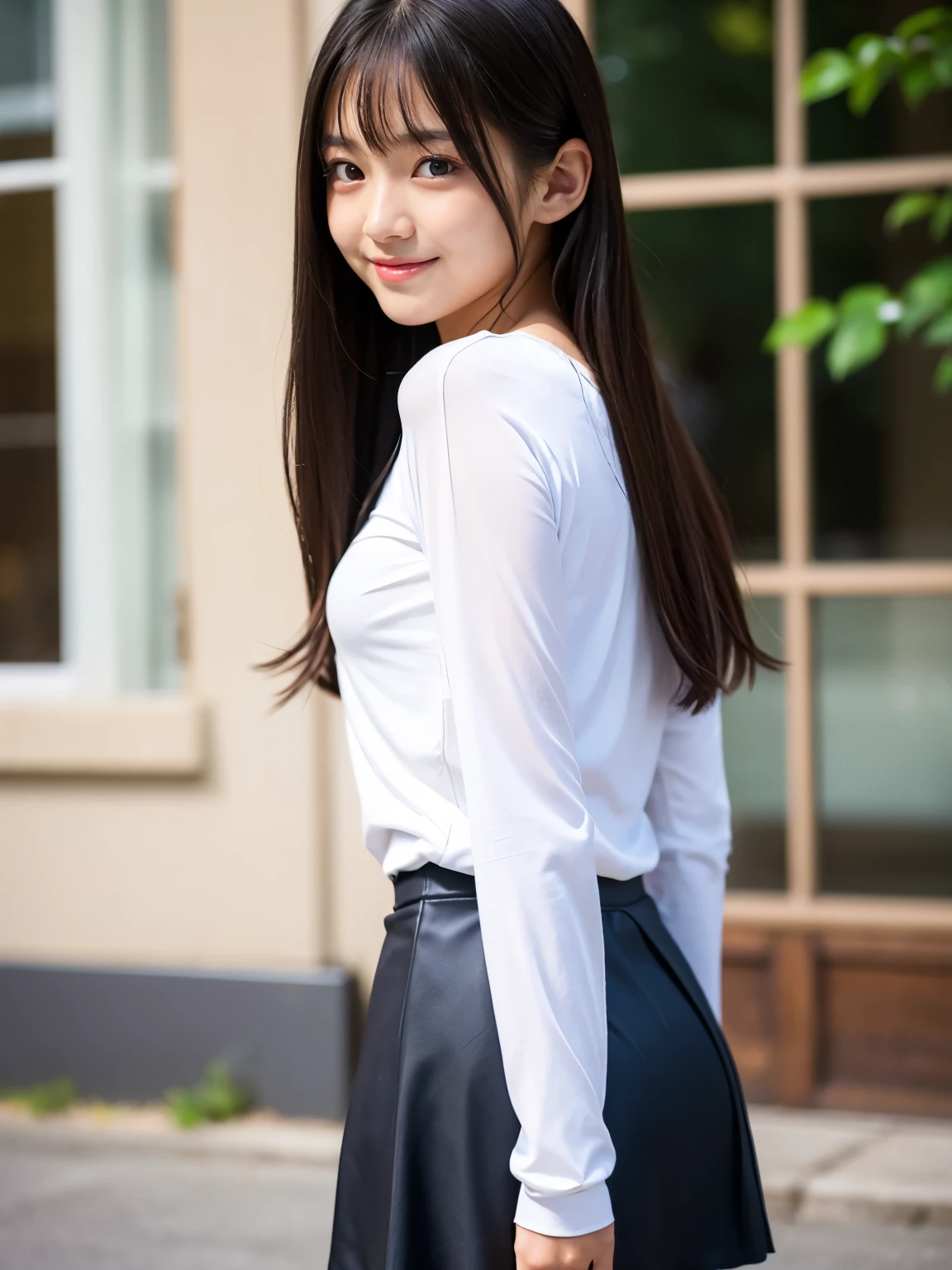 (masterpiece, highest quality:1.2), 8K, young beautiful girl, 85mm,Official AR RAW Photos, baby face、big breasts、show me your ears、photo shoot, cute face, thighs, After school classroom, looking at the viewer, embarrassing、smile、no makeup, film grain, chromatic aberration, sharp focus, face light, clear lighting, Ten generations, detailed face, background bokeh、((17 year old high school girl))、thin waist、sailor suit、(navy blue pleated skirt)、(white small panties), cute smiling, standing,