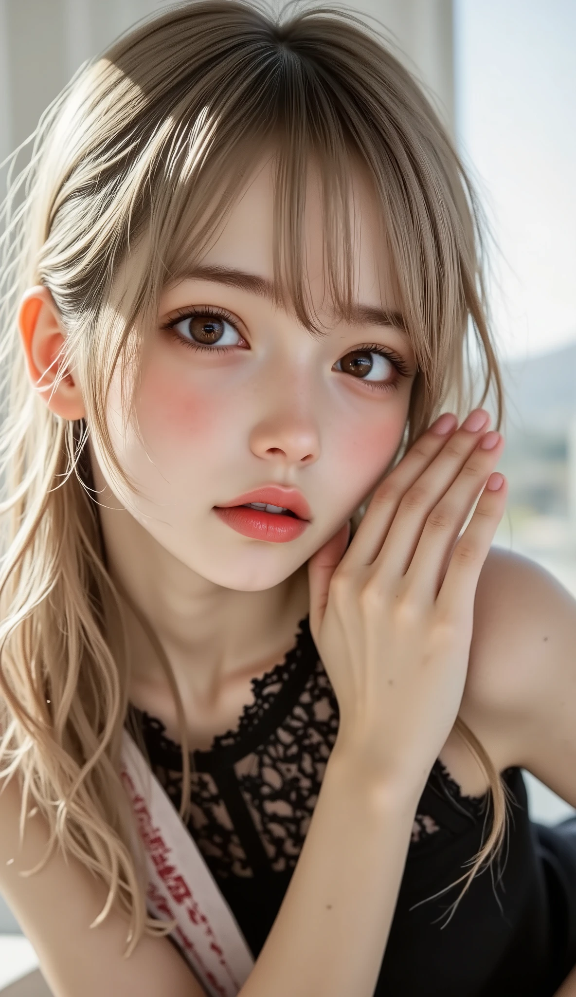((top quality)), ((masterpiece、High sensitivity、 High Resolution、up to the entrance、 Draw a delicate face))、(Small beautiful breasts、bust up)、 ((, Transcendental Young Face, idol face)), ((An innocent beautiful girl))、((Slender body line drawing delicate eyes and face))、 stylish hair 、(shame:1.3, embarrassing expression:1.3) 、((Wearing a tight dress ))、 Countryside Scenery、(detailed hands:1.3, perfect right hand:1.2), Beautiful body lines reflected in backlighting、 (Tight Waist)、(Showing off her small beautiful ass:1.2), (Completely-Wide:1.2), (Leaning forward pose)