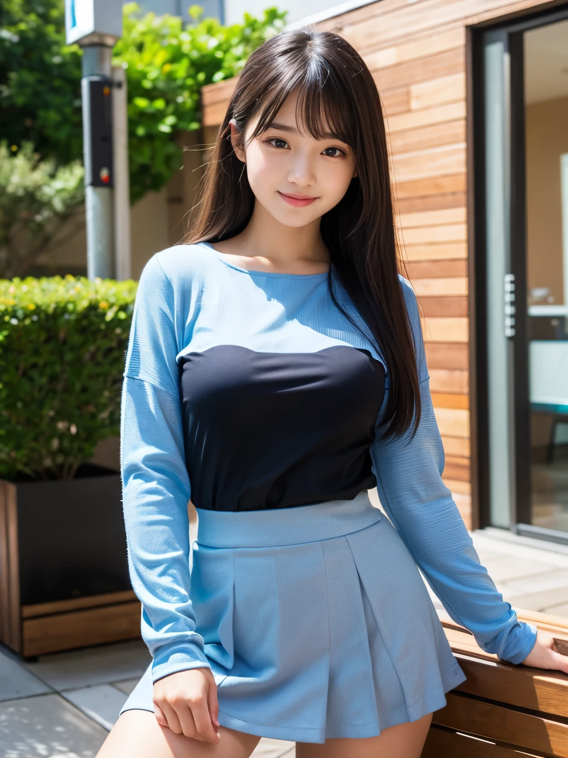（（top-quality，realisticlying，hyper HD，tmasterpiece：1.4，Highly Detailed Face and Skin Textur）），High quality face，1girll，Slender abs：1.1，medium boob：1.3，Highly detailed lips，By bangs，She wears dresses，Floral，she's smiling，Half-body appearance，with fair skin，New York and other cities in the 1970s，blue colors，leaning-forward，black lence stockings