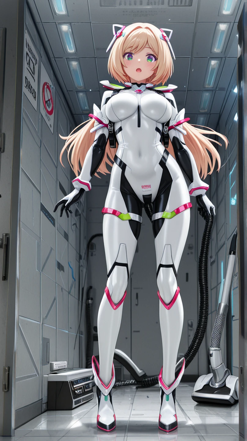 ((full body, standing):1.5), {((1 woman))}, {((with bionic body parts, wearing extremely tight black sleeveless shirt, short gin shorts)), ((very large breasts)), ((very short, straight pink hair, blue eyes)), staring at the viewer, smiling, ((striking an erotic pose)), ((in a futuristic spaceship, in front of an elevator, window showing the outer space, futuristic machines, humanoid robots, pipes with lights))}, 16k, best quality, best resolution, best sharpness, ultra detailed