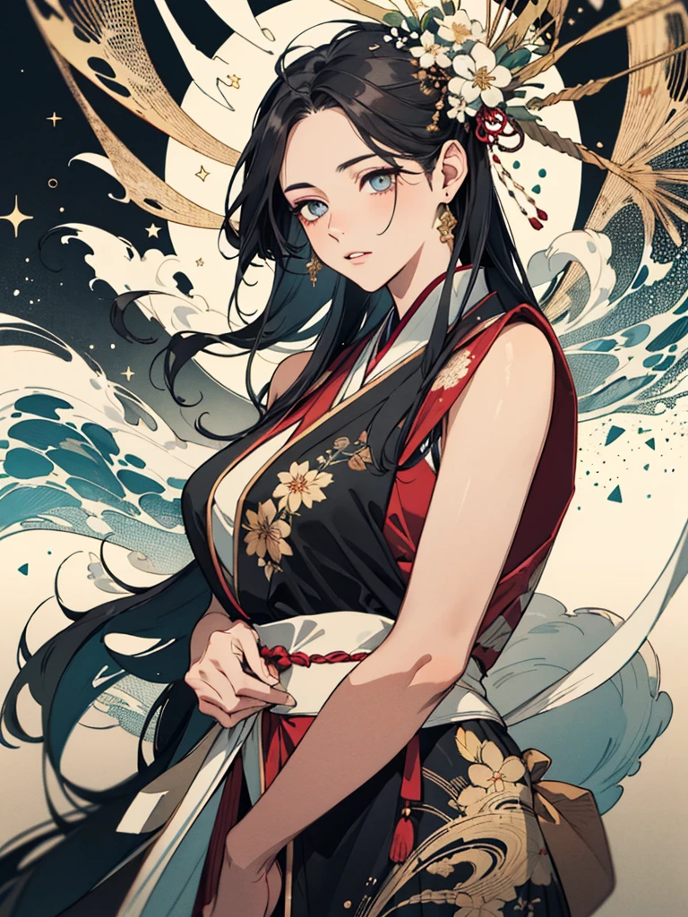 Ultra detailed, highres, absurdres, HDR, master piece, Boa Hancock, long black hair, without bangs, expressive light blue eyes, One Piece, fantasy, pink petals, pink flowers, water, extremely beautiful, woman, solo, best quality, blossoms, blue shining fireflies, red shirt, island, golden earrings, the word "Krozseria" is written on her shirt,