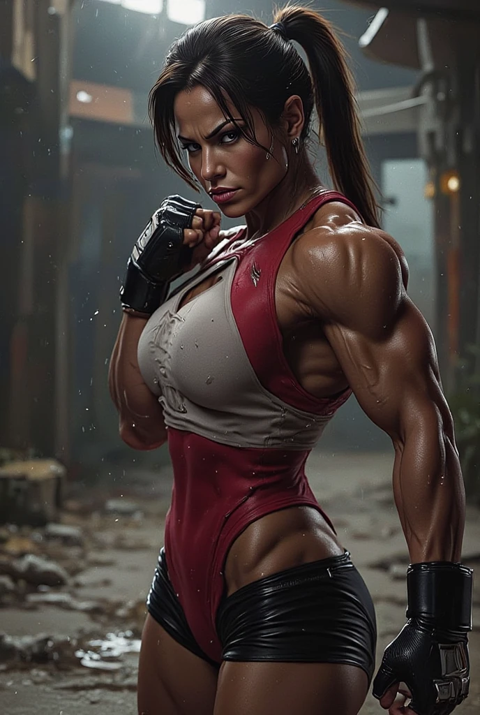 Mma fighter, 20year old woman, detailed beautiful blue eyes, detailed beautiful lips, long eyelashes, revealing fighting outfit, large breasts, full body shot, highly detailed, 8k, photorealistic, dramatic lighting, cinematic, fantasy arena, nsfw, red shorts, knocked out, photography by Arny Freytag, sweating, seductive, from top angle