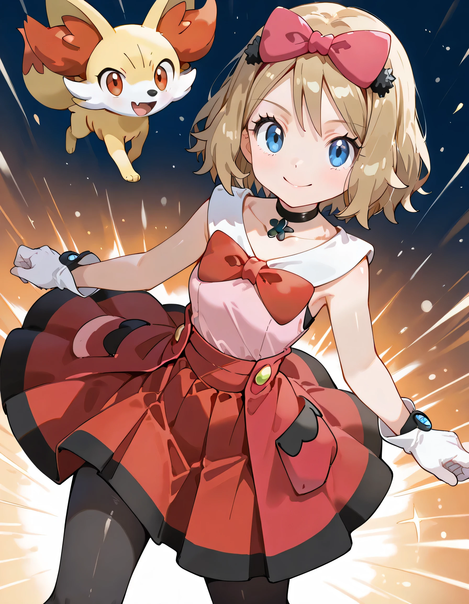 (dynamic angle,dynamic pose:1.3),(looking at viewer),with Fennekin(Pokemon):1.2,ars old,natural cosmetic, 1girl , serena \(Pokemon\), short hair, blonde hair, blue eyes, eyelashes
hair bow, black choker, dress, collarbone, white gloves, black pantyhose,shiny skin,happy smile,Enchanting chest:1.3,I am the star:1.3,(flat color beautiful Pokemon monsterball background),memorial shot+,Nostalgic scene,