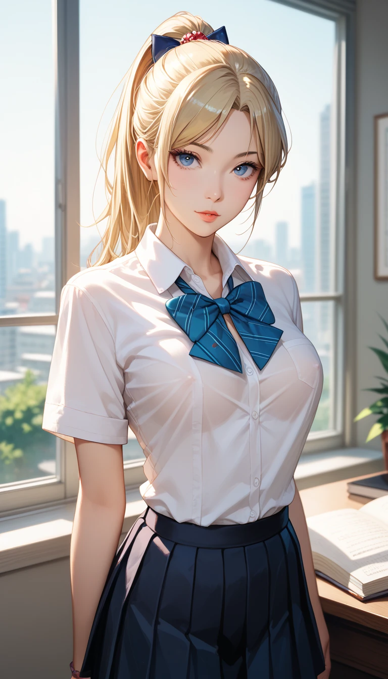 (high quality, High resolution, fine details, actual), ((((Cheeks swell)))), Put your hands on your hips, rely on, alone, miss, ((Female office worker)), Bright Eyes, (exquisite eyes), angry, blush, Shallow depth of field