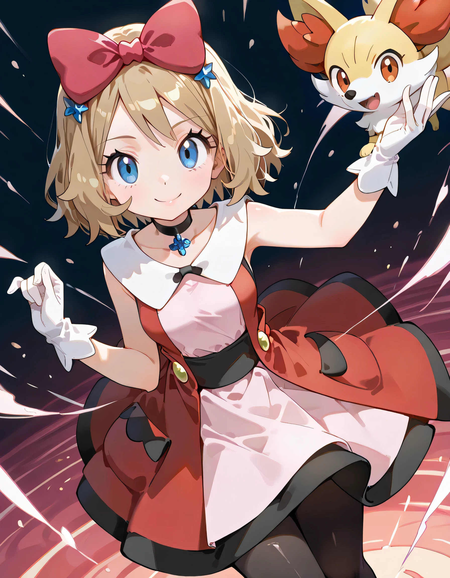 (dynamic angle,dynamic pose:1.3),(looking at viewer),with Fennekin(Pokemon):1.2,ars old,natural cosmetic, 1girl , serena \(Pokemon\), short hair, blonde hair, blue eyes, eyelashes
hair bow, black choker, dress, collarbone, white gloves, black pantyhose,shiny skin,happy smile,Enchanting chest:1.3,I am the star:1.3,(flat color beautiful Pokemon monsterball background),memorial shot+,Nostalgic scene,
