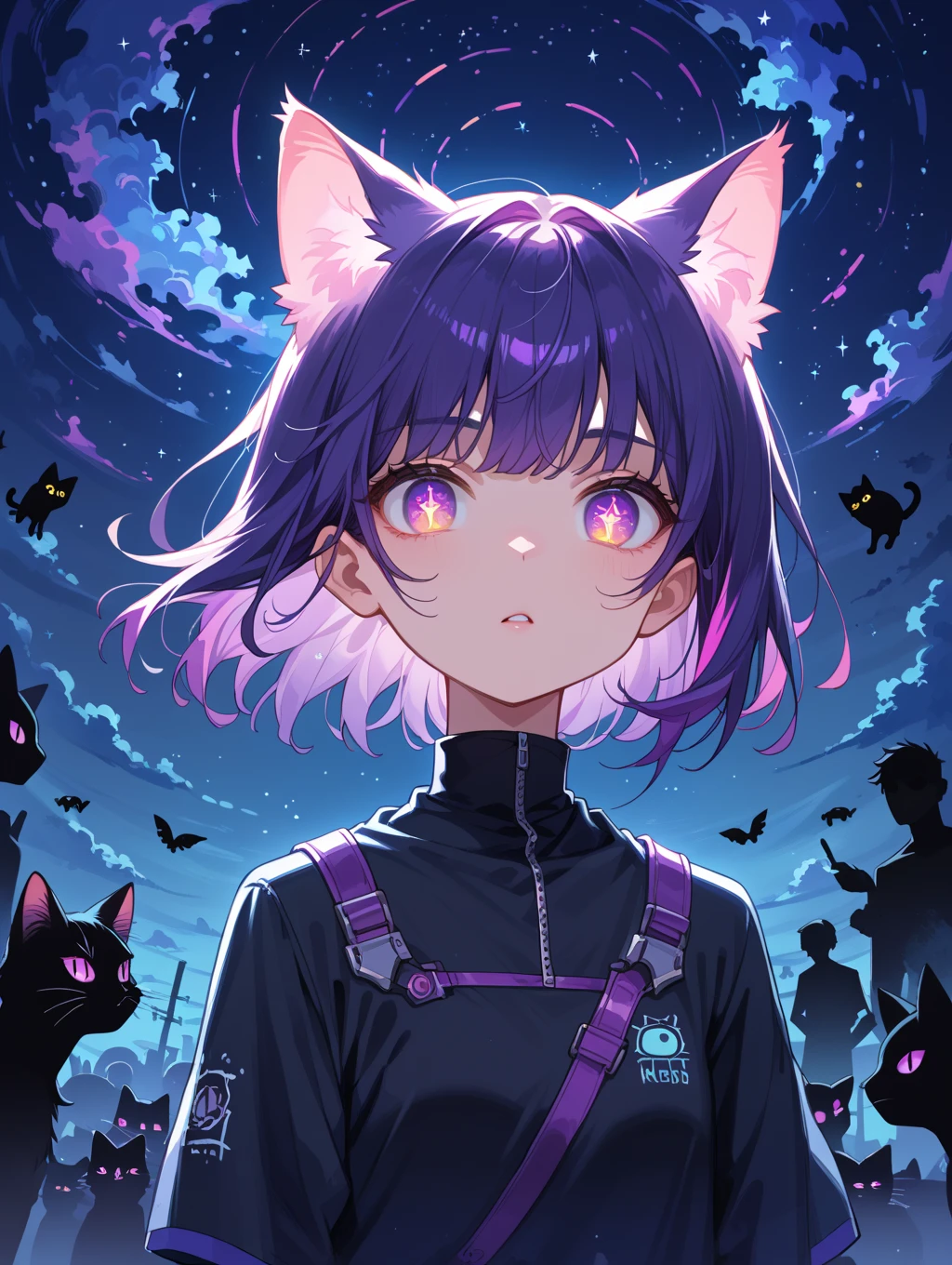 One boy。Black Hair、Iris、Black cat ears、Black hoodie。Pink Line。Beautiful starry sky。Look back and see