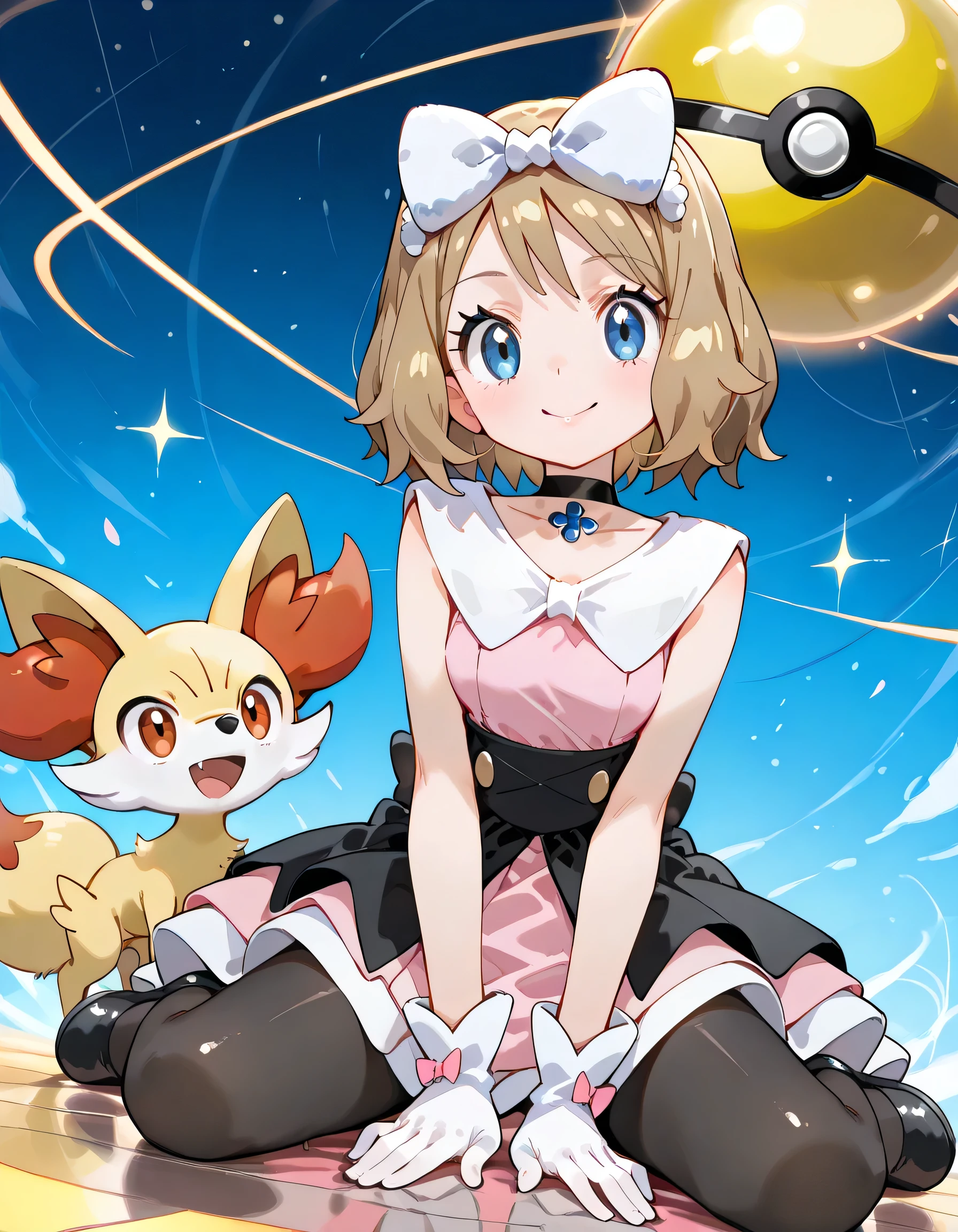 (dynamic angle,dynamic pose:1.3),( wariza),with Fennekin(Pokemon):1.2,ars old,natural cosmetic, 1girl , serena \(Pokemon\), short hair, blonde hair, blue eyes, eyelashes
hair bow, black choker, dress, collarbone, white gloves, black pantyhose,shiny skin,happy smile,Enchanting chest:1.3,I am the star:1.3,(flat color beautiful Pokemon monsterball background),memorial shot+,Nostalgic scene,