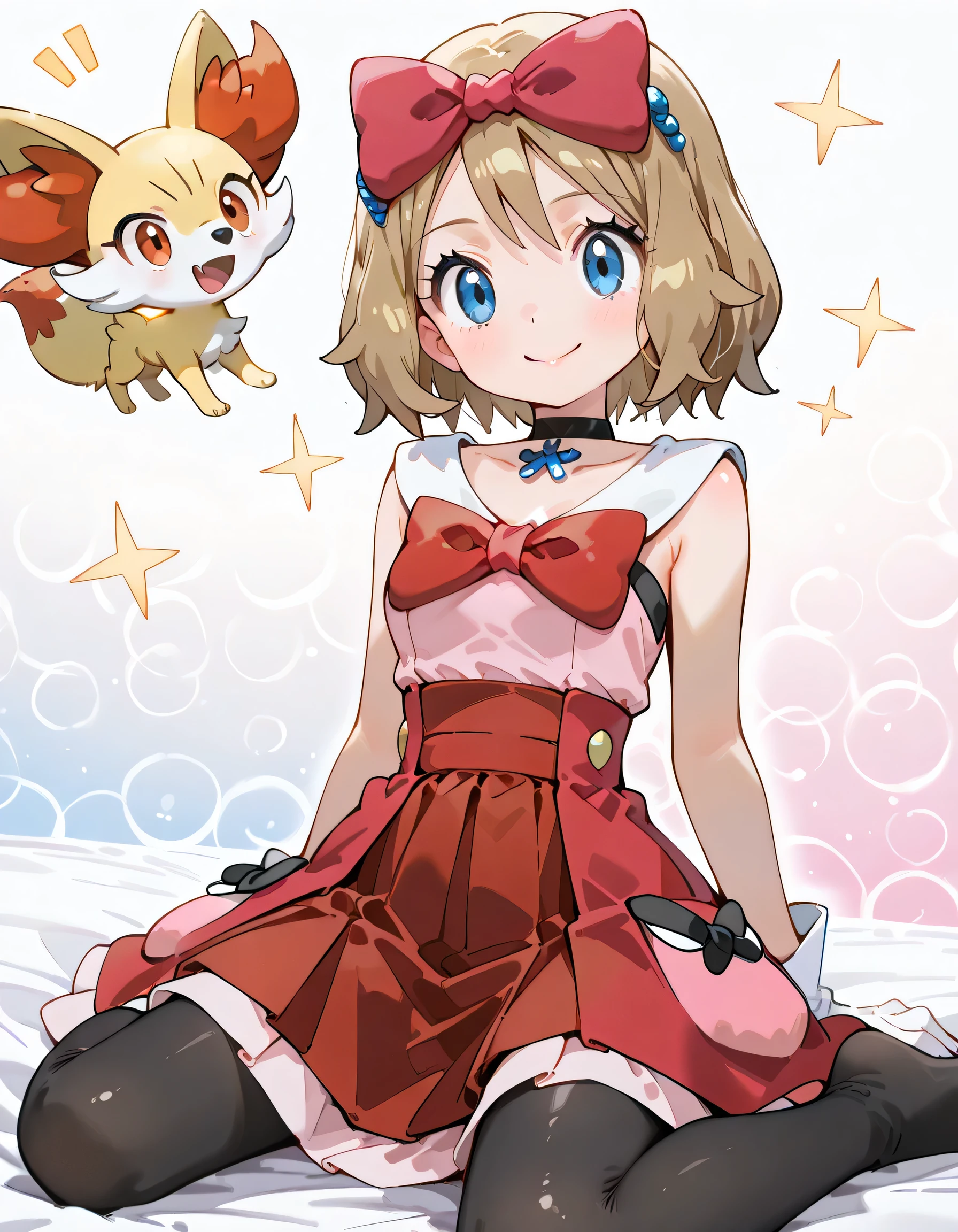 (dynamic angle,dynamic pose:1.3),( wariza),with Fennekin(Pokemon):1.2,ars old,natural cosmetic, 1girl , serena \(Pokemon\), short hair, blonde hair, blue eyes, eyelashes
hair bow, black choker, dress, collarbone, white gloves, black pantyhose,shiny skin,happy smile,Enchanting chest:1.3,I am the star:1.3,(flat color beautiful Pokemon monsterball background),memorial shot+,Nostalgic scene,