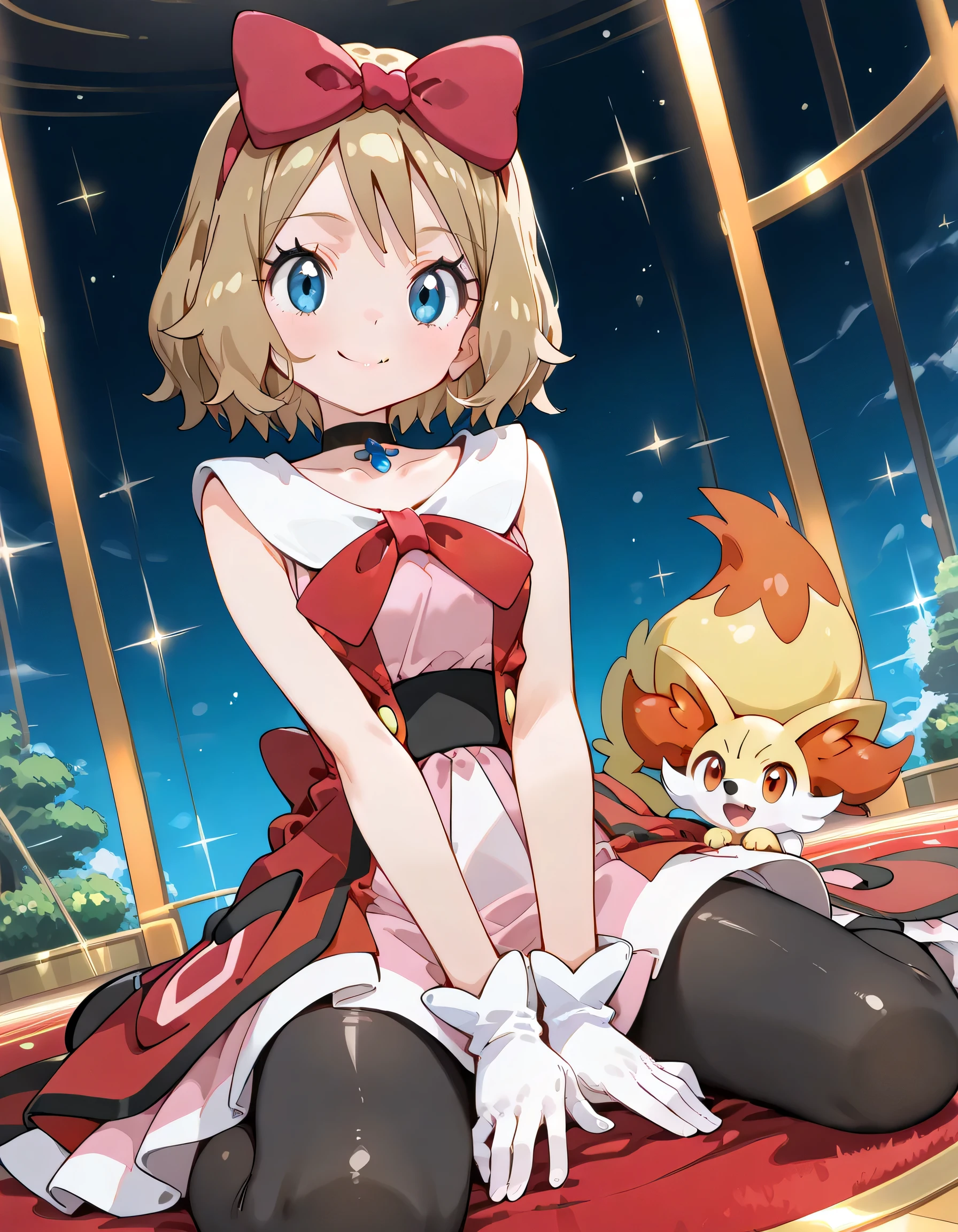 (dynamic angle,dynamic pose:1.3),( wariza),with Fennekin(Pokemon):1.2,ars old,natural cosmetic, 1girl , serena \(Pokemon\), short hair, blonde hair, blue eyes, eyelashes
hair bow, black choker, dress, collarbone, white gloves, black pantyhose,shiny skin,happy smile,Enchanting chest:1.3,I am the star:1.3,(flat color beautiful Pokemon monsterball background),memorial shot+,Nostalgic scene,