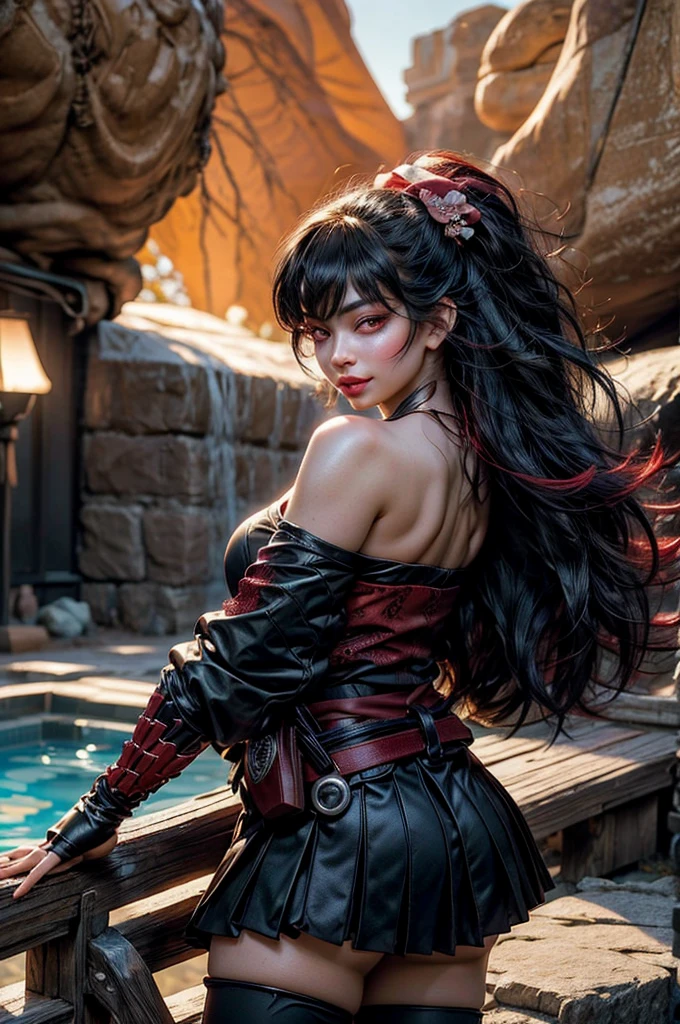 solo, 1woman, Velvet Crowe (from tales of berseria), (yellow eyes, white skin, messy black hair too long, choker, small breasts, lipstick, makeup, eyeliner), weraing sexy lingerie, showing sexy feet, side photo, intimidating look, on the deck of ships, (anime style, masterpiece, best quality, best shadows, detailed background, sharp focus, 8k)
