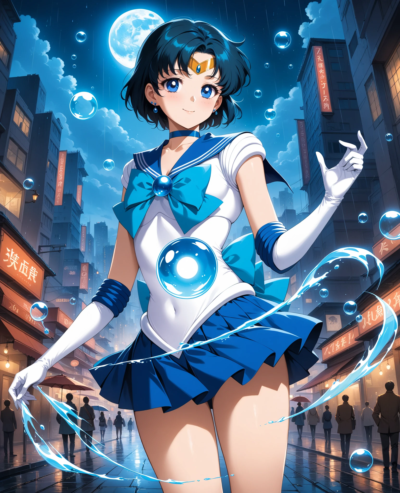 1girl,yellow spotlight, silhouette, (portrait of sailor mercury looking up slightly, smiling), mer1, tiara, knee boots, blue choker, blue sailor collar, cute girl, blue hair, elbow gloves, sailor senshi uniform, beautiful face, (determined face) , high quality, UHD, 8k detailed, detailed eyes, ((flowing water around her)) , motion lines, ((single beam of white light on her face)), (charging energy ball of water behind her) , Kamehameha , gusting winds, kneeling