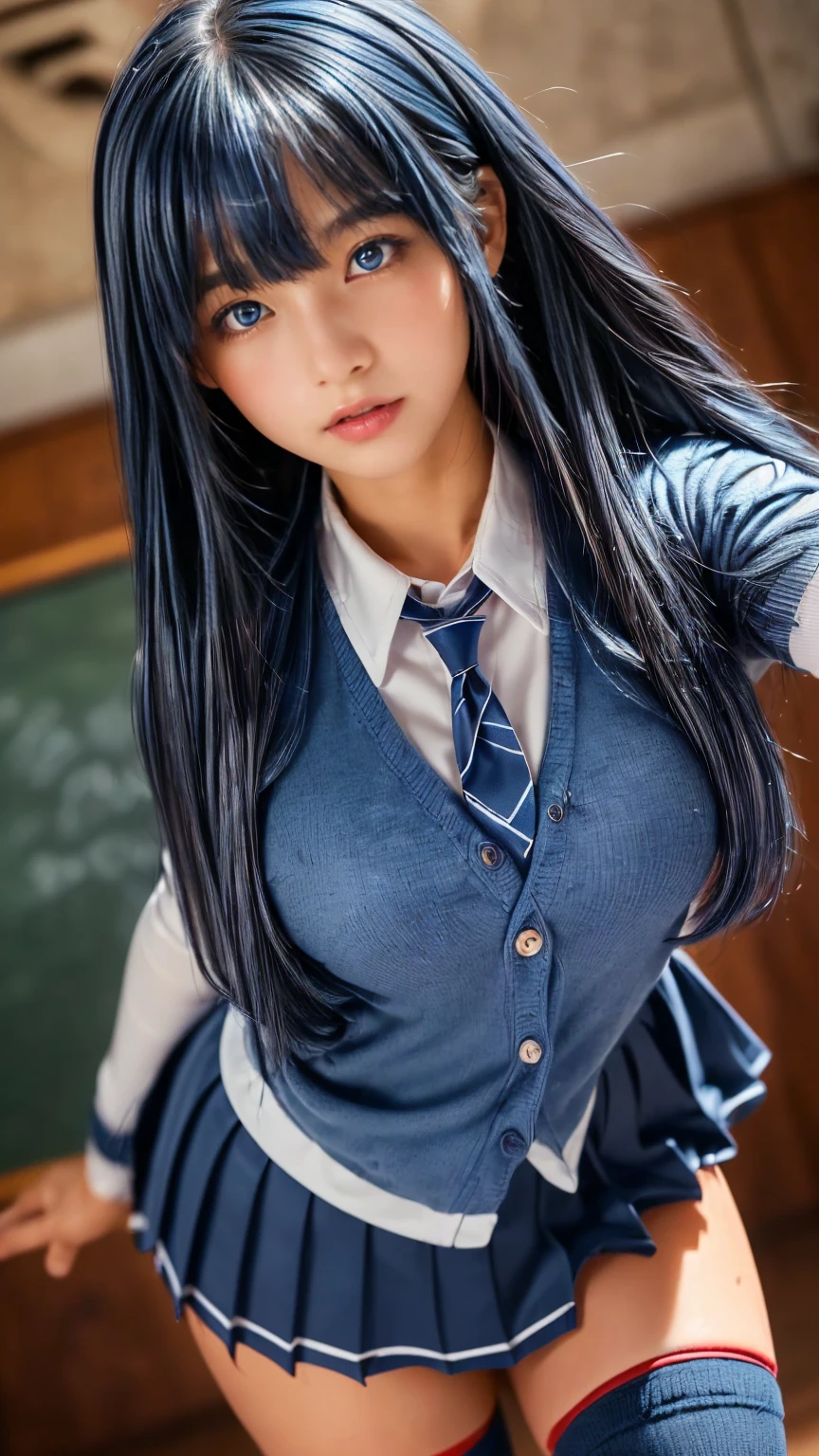 masterpiece, best quality, Full-HD,
nsfw,
(1 girl, 18 years old:1.2), solo,
Natural makeup, glossy lips, baby face,
{(almond eyes), (cyan eyes:1.2)},
(fluffy huge boobs, sagging , big areola), cleavage,
plump, voluptuous, wide hips, thick thighs,
lustrous skin, shiny skin, oiled skin,
{(semi-long hair, midnight blue hair:1.2), straight hair}, parted bangs,
{school uniform, white long sleeve collared shirt, navy cardigan},
{school uniform, navy pleated skirt, miniskirt, solid},
(shy smile, embarrassed smile),
looking at viewer,
standing, ((empty-handed)), bare legs,
((cowboy shot)), pov,
((japanese apartment)), entrance, near the door,