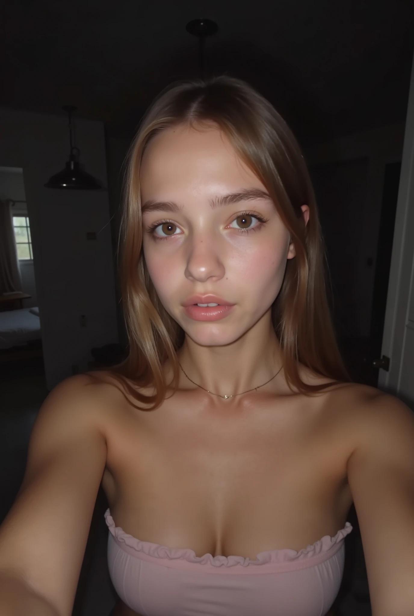 (masterpiece, best quality:1.2),1girl, solo, slim body, skinny body, full body, brown hair, choker, naked, nude, nude breasts, sexy, hot, beautiful, skinny legs, skinny arms, kneeling on bed, 8k, face closeup