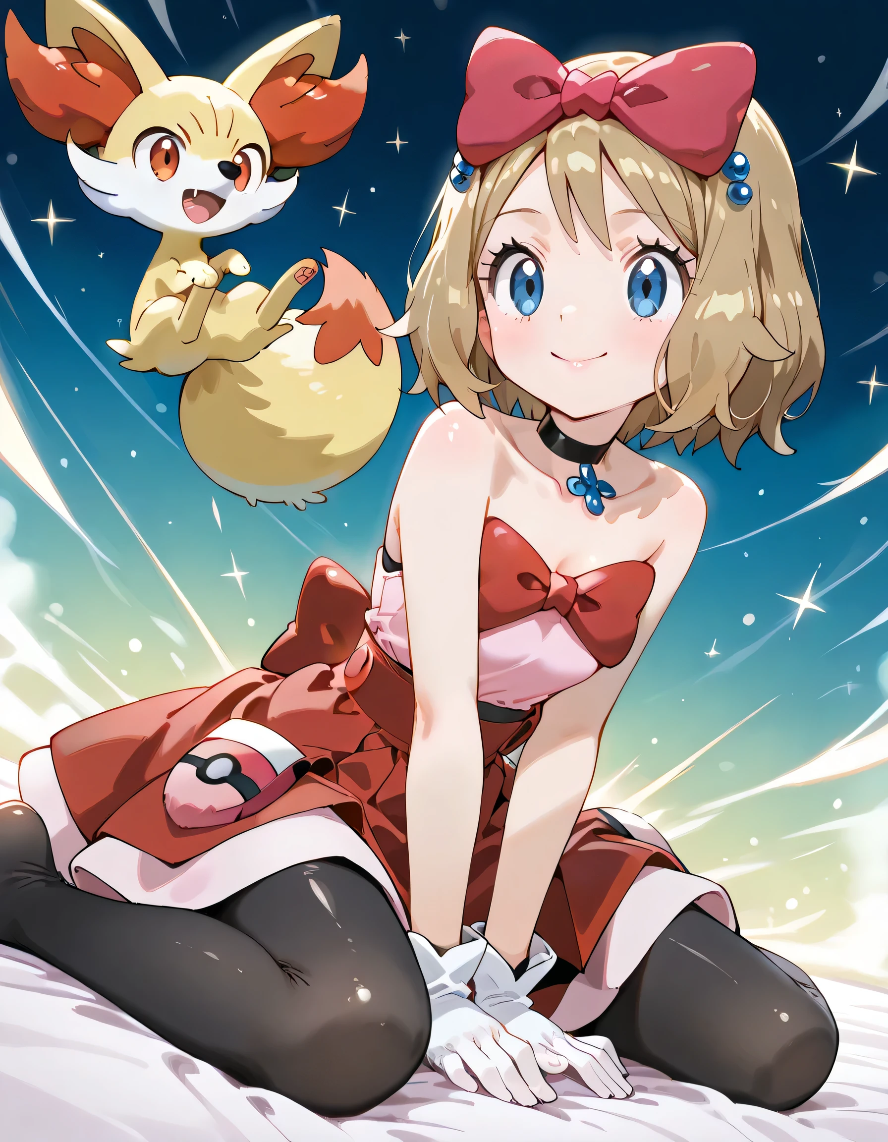 (dynamic angle,dynamic pose:1.3),(sideview, wariza),with Fennekin(Pokemon):1.2,ars old,natural cosmetic, 1girl , serena \(Pokemon\), short hair, blonde hair, blue eyes, eyelashes
hair bow, black choker, dress, collarbone, white gloves, black pantyhose,shiny skin,happy smile,Enchanting chest:1.3,I am the star:1.3,(flat color beautiful Pokemon monsterball background),memorial shot+,Nostalgic scene,
