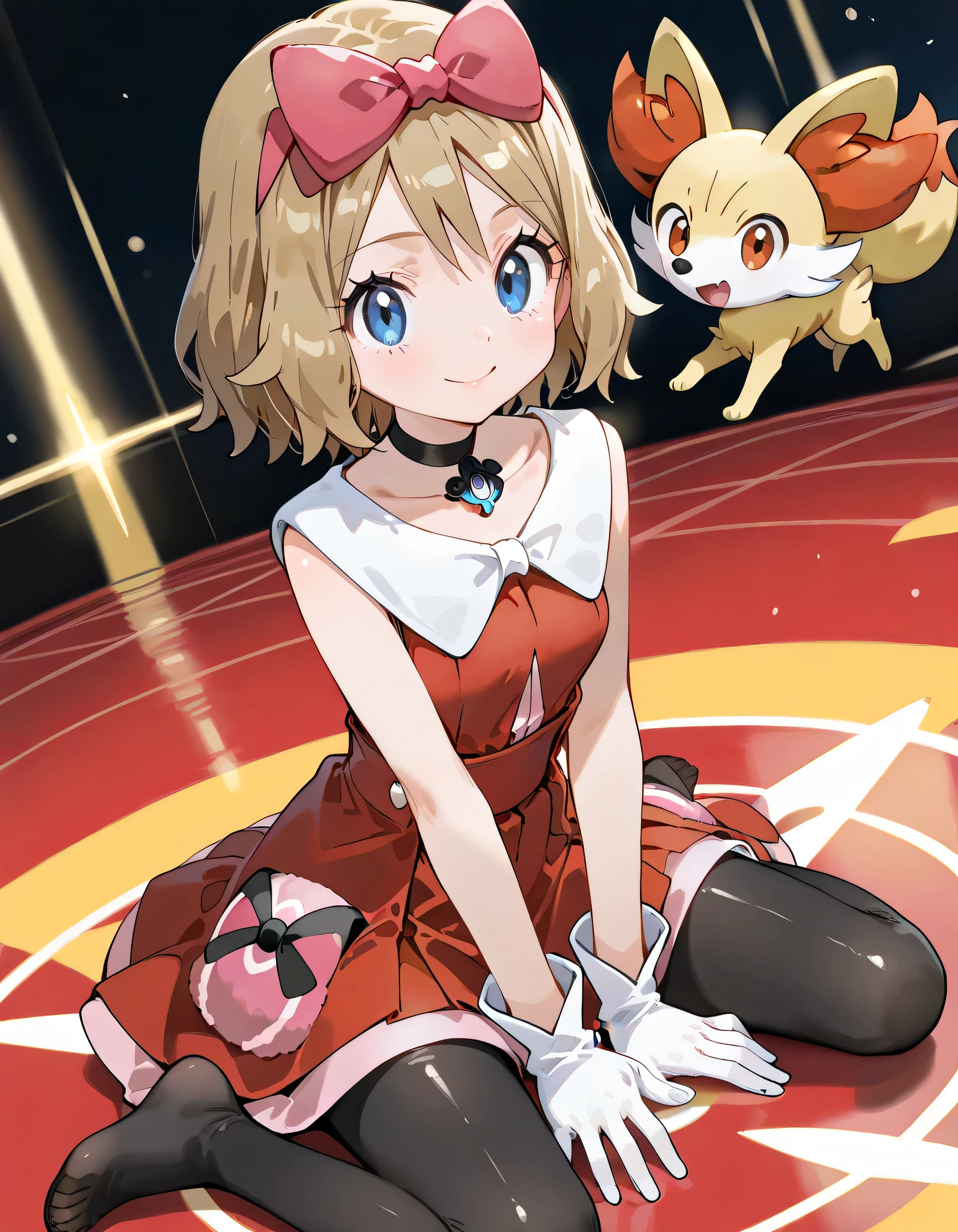 (dynamic angle,dynamic pose:1.3),(sideview, wariza),with Fennekin(Pokemon):1.2,ars old,natural cosmetic, 1girl , serena \(Pokemon\), short hair, blonde hair, blue eyes, eyelashes
hair bow, black choker, dress, collarbone, white gloves, black pantyhose,shiny skin,happy smile,Enchanting chest:1.3,I am the star:1.3,(flat color beautiful Pokemon monsterball background),memorial shot+,Nostalgic scene,