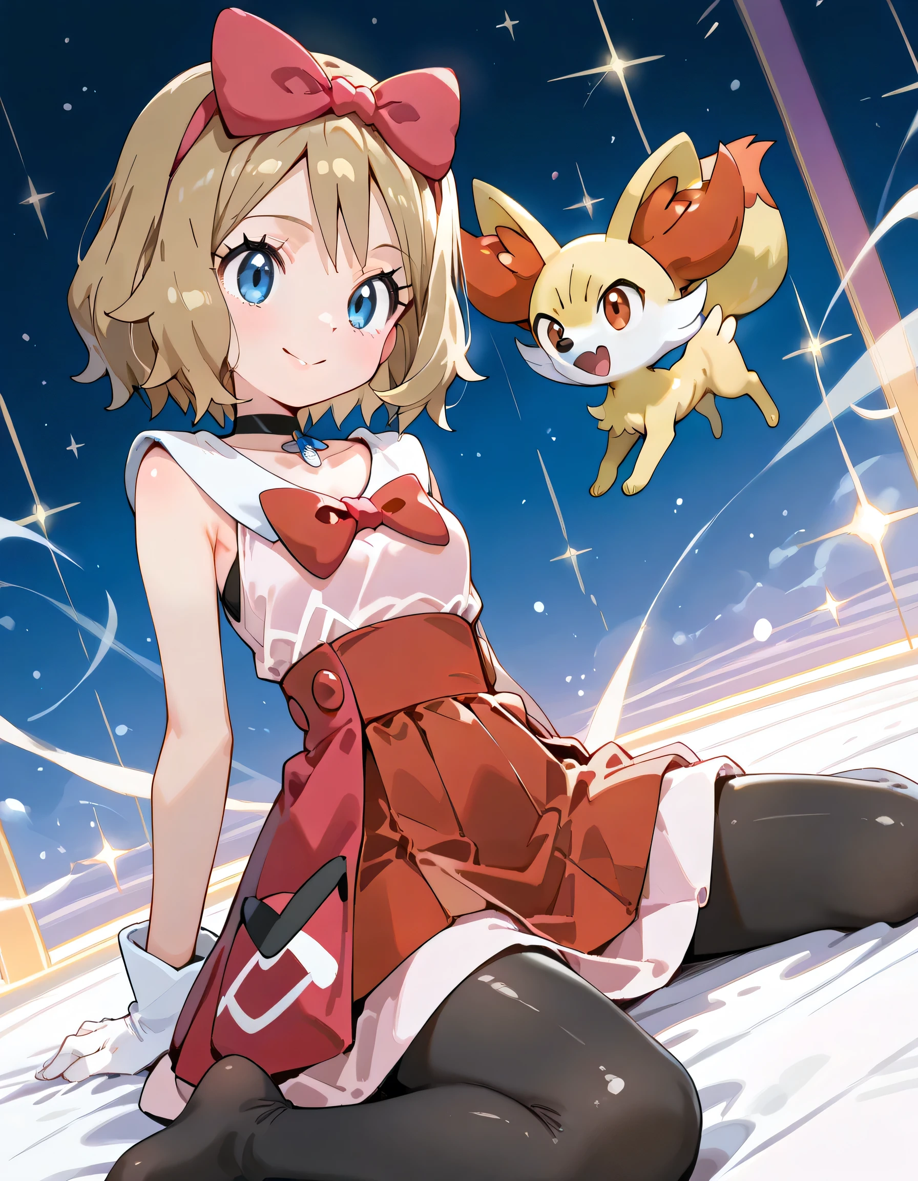 (dynamic angle,dynamic pose:1.3),(sideview, wariza),with Fennekin(Pokemon):1.2,ars old,natural cosmetic, 1girl , serena \(Pokemon\), short hair, blonde hair, blue eyes, eyelashes
hair bow, black choker, dress, collarbone, white gloves, black pantyhose,shiny skin,happy smile,Enchanting chest:1.3,I am the star:1.3,(flat color beautiful Pokemon monsterball background),memorial shot+,Nostalgic scene,