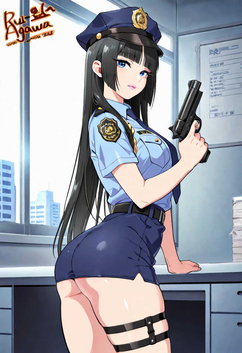  1 person, Naked police, Adult, resident evil style, sexy police officer in uniform,belt,watch,slim, evening, Soft Light, Facial details, Kind Face, Long black hair, Beautiful Skin, fringe, Pale pink lips, with a gun in hand, smile, Big black eyes, Looking at the audience,Cowboy Shot. -- realistic style - imagine -    