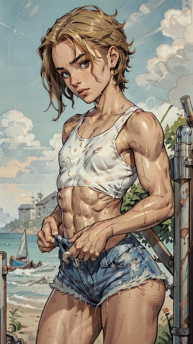 cute girl. shy pose. sexy body shape. white tank top. mini skirt jeans. on her daily life outdoor activity. Very beautiful 13 years old girl. strong arms, muscular thighs, ripped muscles, six pack abs, muscle arms, muscular, flat chest, Caucasian, tomboy, slender, short messy fiery red hair, green eyes