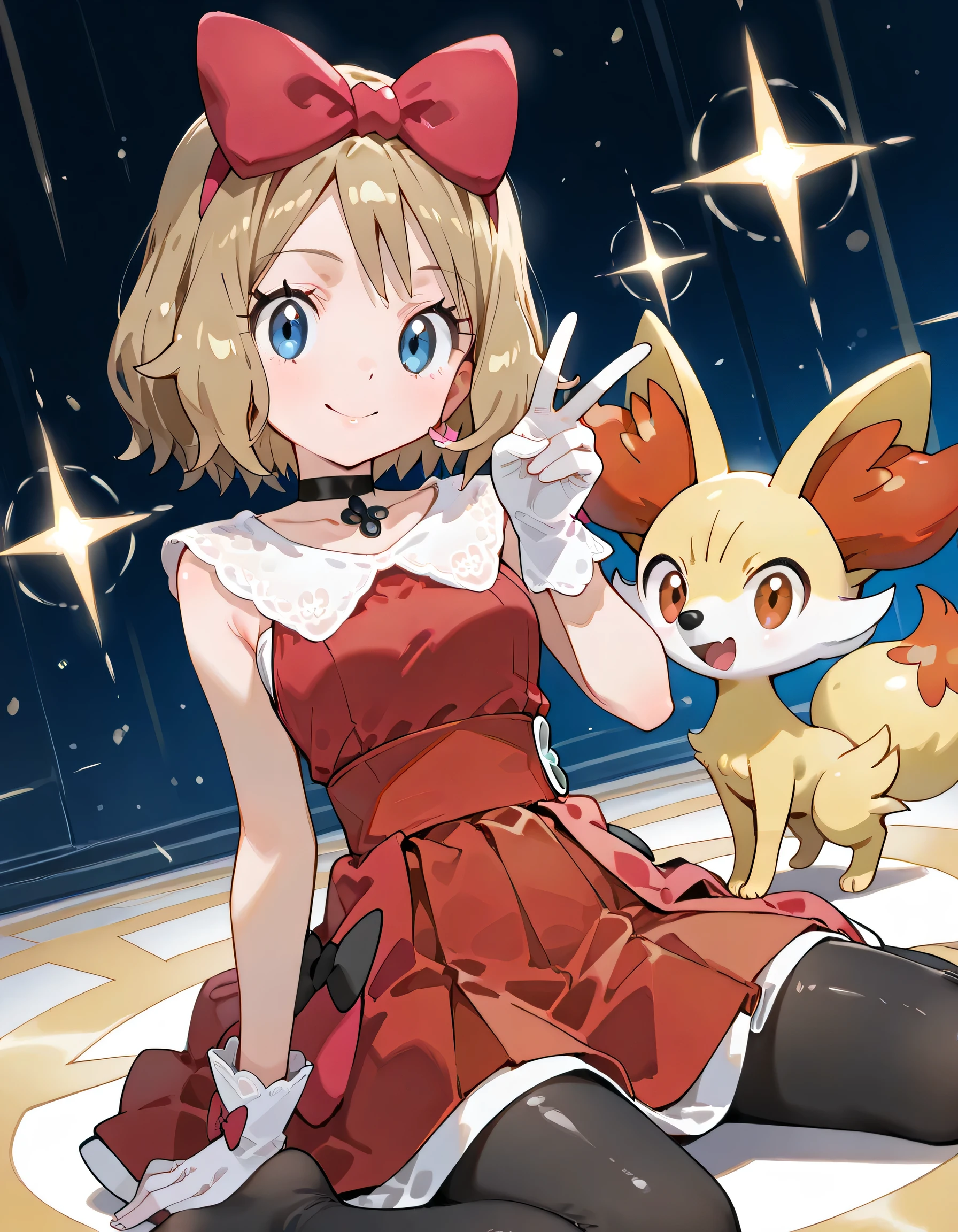 (dynamic angle,dynamic pose:1.3),(sideview,peace sign, wariza),with Fennekin(Pokemon):1.2,ars old,natural cosmetic, 1girl , serena \(Pokemon\), short hair, blonde hair, blue eyes, eyelashes
hair bow, black choker, dress, collarbone, white gloves, black pantyhose,shiny skin,happy smile,Enchanting chest:1.3,I am the star:1.3,(flat color beautiful Pokemon monsterball background),memorial shot+,Nostalgic scene,