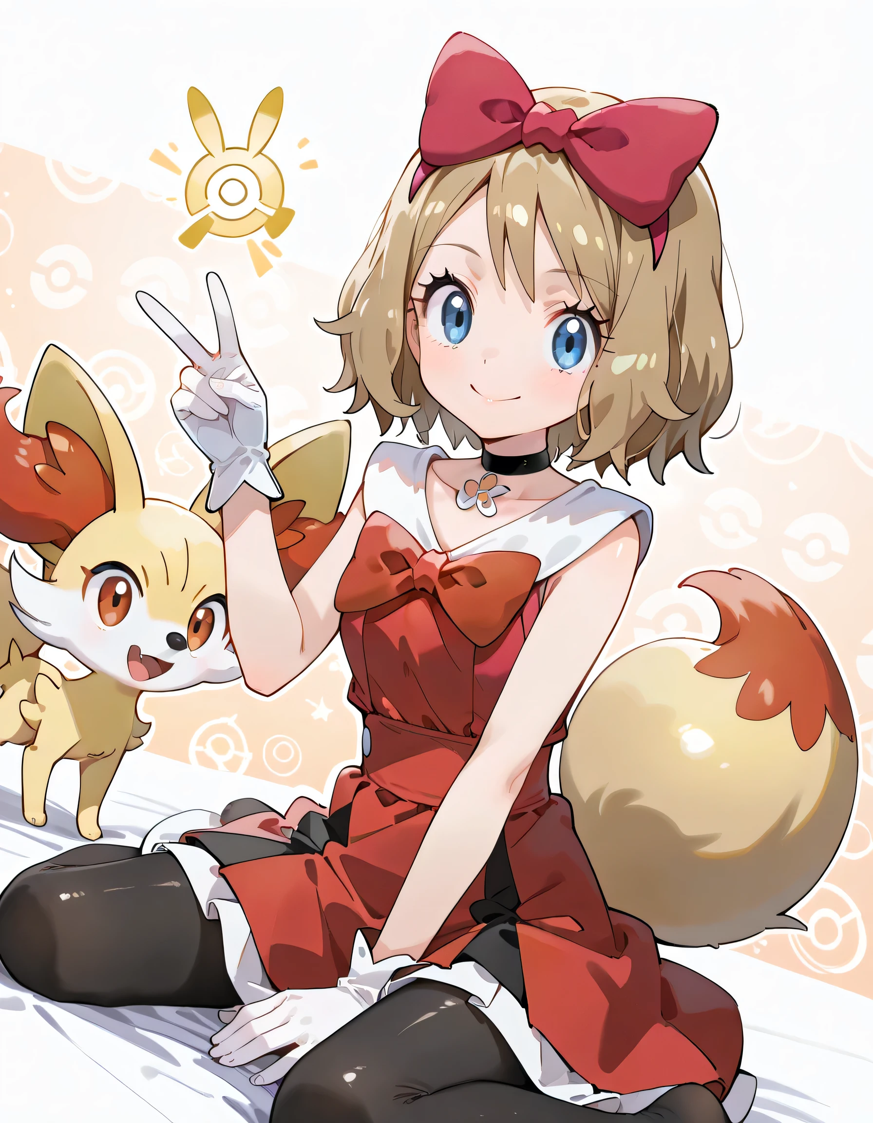 (dynamic angle,dynamic pose:1.3),(sideview,peace sign, wariza),with Fennekin(Pokemon):1.2,ars old,natural cosmetic, 1girl , serena \(Pokemon\), short hair, blonde hair, blue eyes, eyelashes
hair bow, black choker, dress, collarbone, white gloves, black pantyhose,shiny skin,happy smile,Enchanting chest:1.3,I am the star:1.3,(flat color beautiful Pokemon monsterball background),memorial shot+,Nostalgic scene,