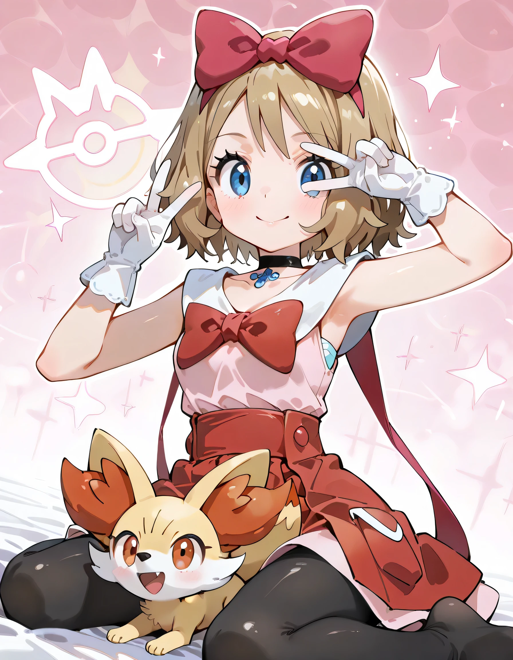 (dynamic angle,dynamic pose:1.3),(sideview,peace sign, wariza),with Fennekin(Pokemon):1.2,ars old,natural cosmetic, 1girl , serena \(Pokemon\), short hair, blonde hair, blue eyes, eyelashes
hair bow, black choker, dress, collarbone, white gloves, black pantyhose,shiny skin,happy smile,Enchanting chest:1.3,I am the star:1.3,(flat color beautiful Pokemon monsterball background),memorial shot+,Nostalgic scene,