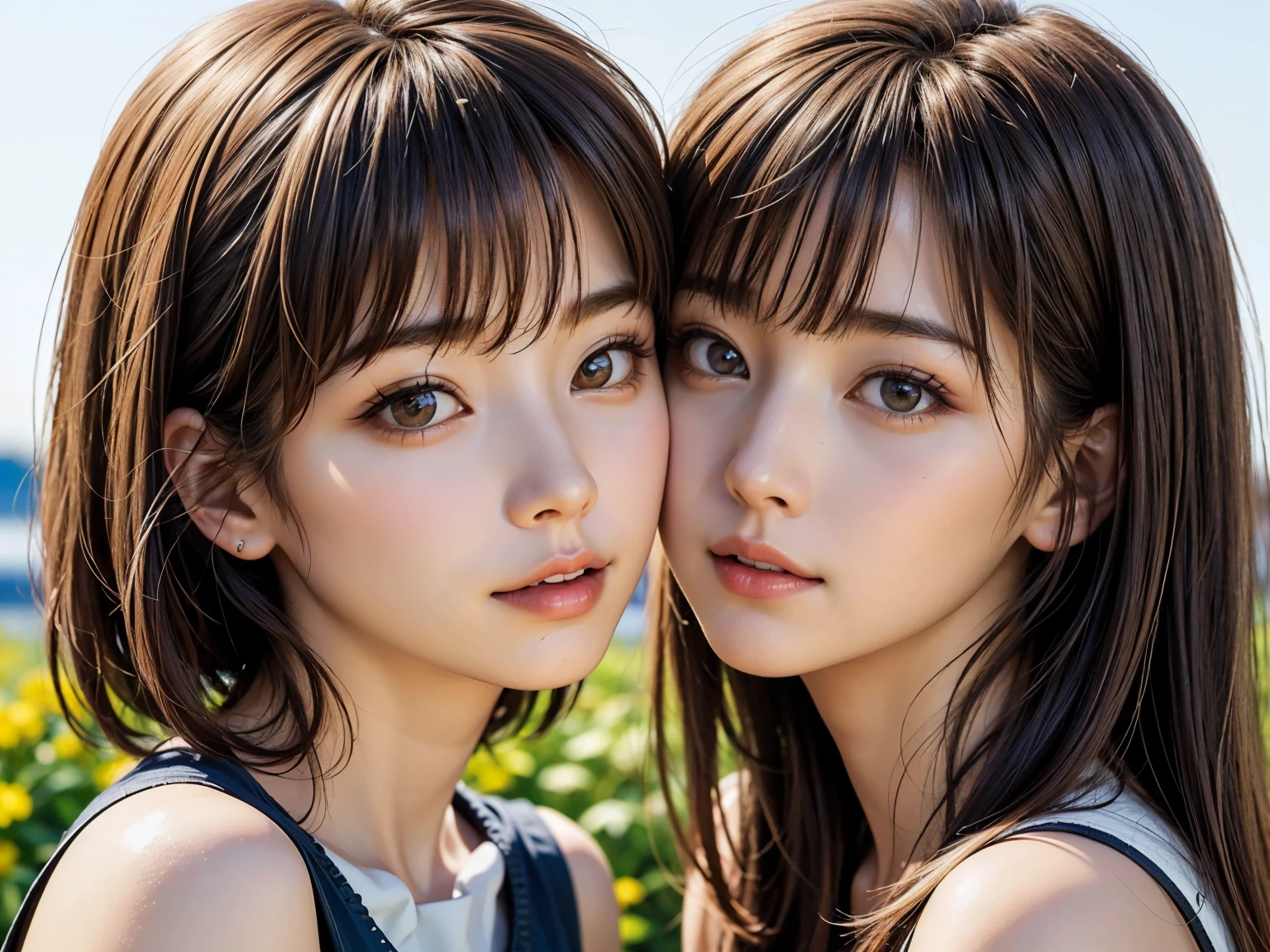 (best quality, 2heads, european girl with two head kissing girl on cheek, different hair bangs, tied hair, half color t-shirt,park background,)