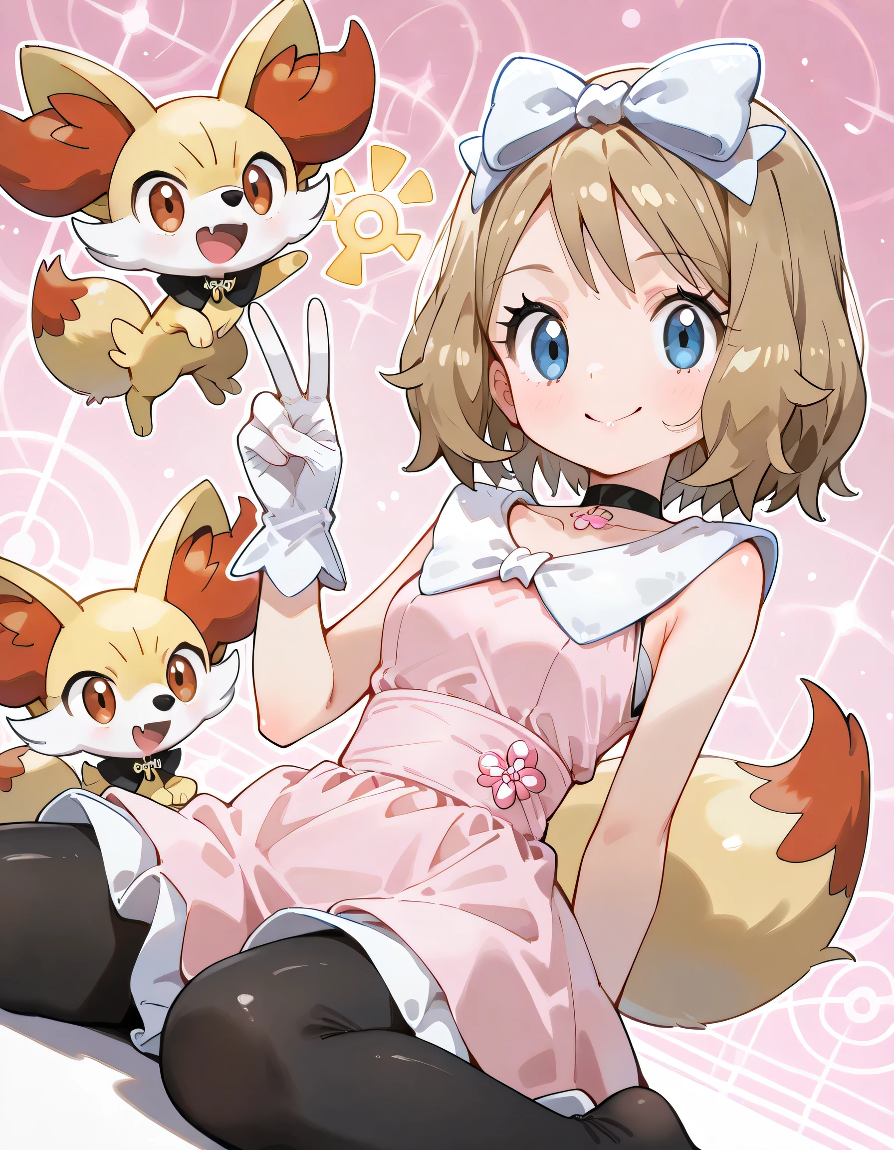 (dynamic angle,dynamic pose:1.3),(sideview,peace sign, wariza),with Fennekin(Pokemon):1.2,ars old,natural cosmetic, 1girl , serena \(Pokemon\), short hair, blonde hair, blue eyes, eyelashes
hair bow, black choker, dress, collarbone, white gloves, black pantyhose,shiny skin,happy smile,Enchanting chest:1.3,I am the star:1.3,(flat color beautiful Pokemon monsterball background),memorial shot+,Nostalgic scene,