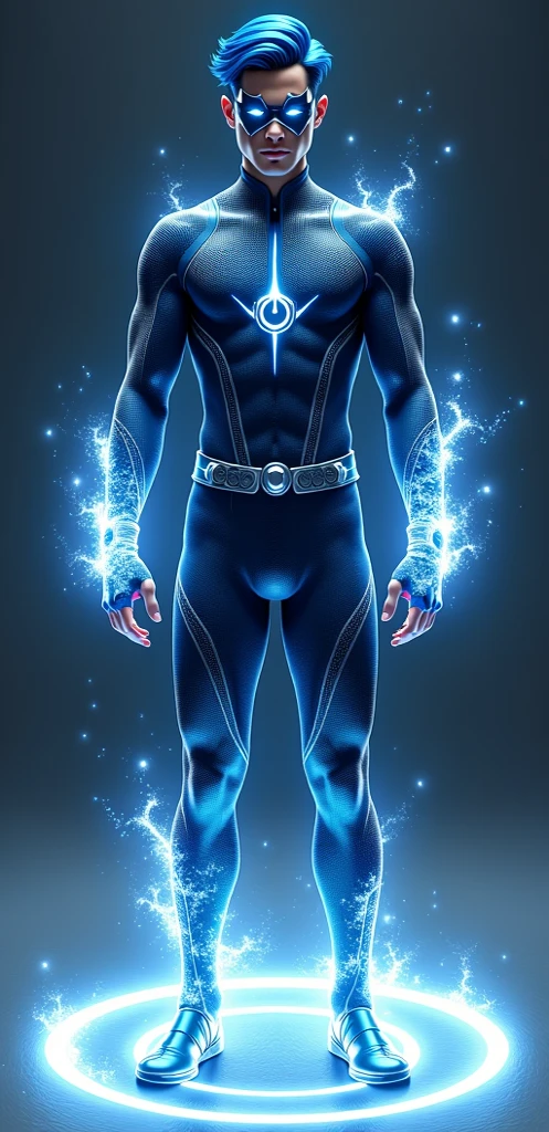 Create a cesium-themed male superhero who has blue clothes and blue light emanating from his eyes, hands and feet