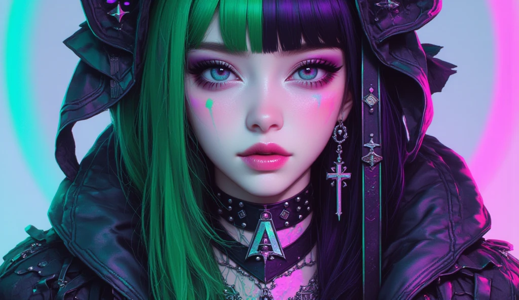 masterpiece, best quality, 1girl, solo, long hair, twin tails, hair buns, green hair,bangs, makeup, black lips, lipstick, mascara, eyeshadow, cross necklace, hair bow, front bow, lace jacket, sexy, lace gloves, fishnets, black leggings, Pastel goth, dynamic angle, side lighting, shiny skin, detailed eyes, detailed face, water flowing, wind swept hair, glitter