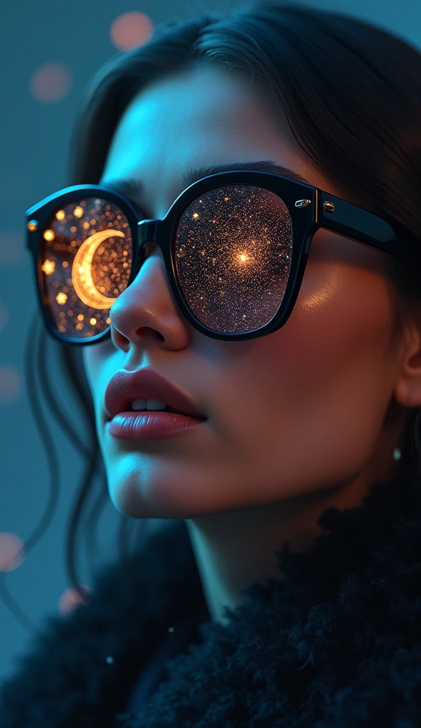 Model wearing glass sunglasses，There are stars and moon on the lens
