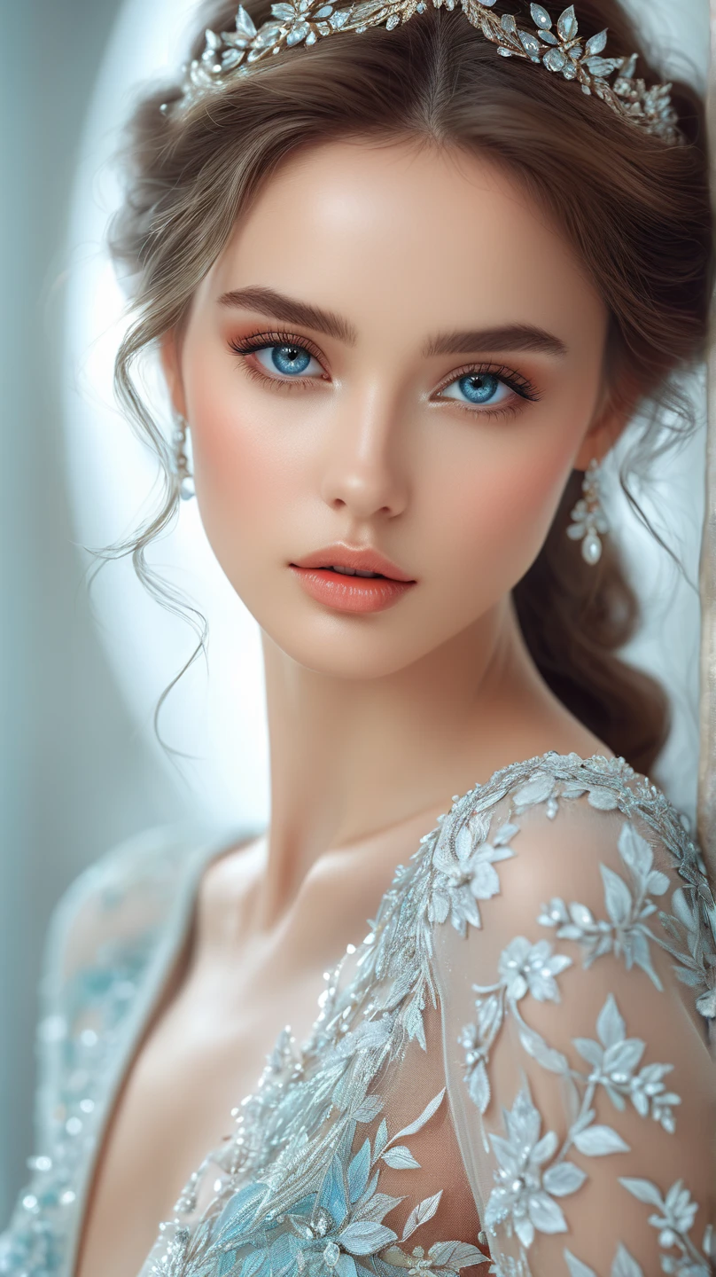 Perfect beauty model,Close-up of the face,Deep eyes,delicate expression,Elegant pose,Exquisite clothing,4K High Resolution,Delicate texture,Brilliant light,fantasy environment,beautiful art style,Studio level professional,Super realistic photo-like,delicate soft tones,Exquisite details,Extremely delicate,stunning visuals