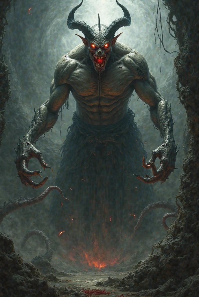gross, Demon Butcher, The supreme master of mutilations, The most aberrant god of violence, Skinning and cutting is its essence, He lives off the pain he causes, Stops at nothing, He gets excited with pain, His skin full of scars and dried blood is a reason to vomit, Its smell is that of death, He has no hands, It has blades so sharp that they can cut any demon, It is as big as the killings it makes, Control the rivers of blood that he leaves in his wake, Their jaws grind and crush bones like it's nothing..
