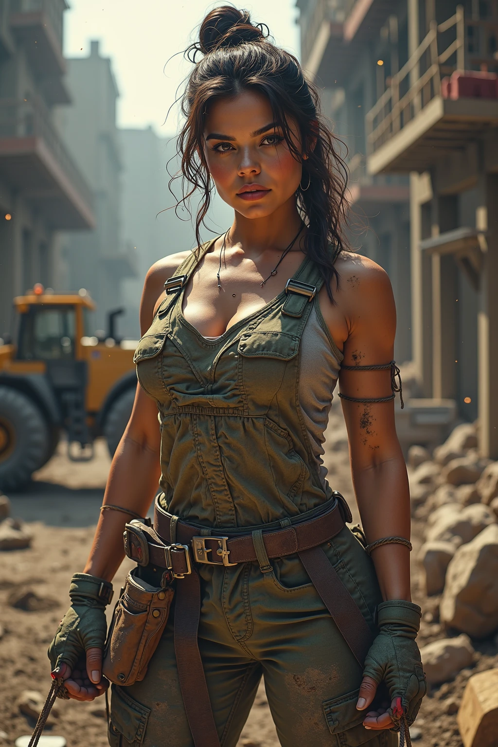 "Capture the resilience and beauty of a young woman who has defied the odds, surviving the first year after the apocalypse. In this post-apocalyptic world, she stands tall amidst the ruins of a once-thriving city. Her shorts and top are tattered and almost gone, but her spirit is unbroken. With a determined look in her eyes, she carries a weathered backpack slung over one shoulder and grips a trusty rifle in her other hand, a symbol of her survival skills. By her side, a loyal and imposing large dog walks with her, both companions in a world forever changed. As she strides towards the camera on the desolate, destroyed city street, capture the strength, resilience, and hope that define her character."