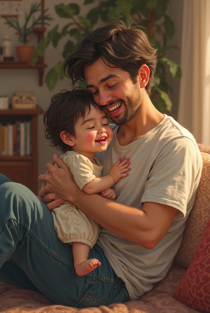 young father with his baby son ((upper body selfie, happy)), masterpiece, best quality, ultra-detailed, outdoor, (night), shopping, cheerful, happy, sweater, urban, smoke, shadows, contrast, clear sky, style (look at the viewer: 1.2) (skin texture) (film grain: 1.3), (warm tone, warm tone: 1.2), close-up, cinematic light, side lighting, ultra high res,  best shade, RAW --auto