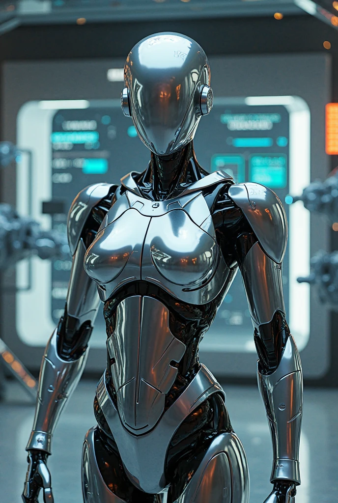 A brilliant female metallic AI, its sleek surface gleaming with intelligence, meticulously crafts delicate mini replicas of itself. The tiny anthropomorphic AIs mirror the creator's design, intricate and futuristic. In this stunning digital artwork, the main AI exudes a aura of precision and power, with its surroundings bathed in a soft, artificial light. The details are sharp and vivid, showcasing the artist's expert skill and attention to detail.