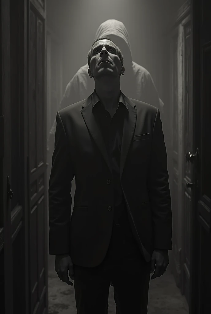 Create an image of a man looking in front of and behind him a shadow from another world in a room full of darkness and terror in black and white 