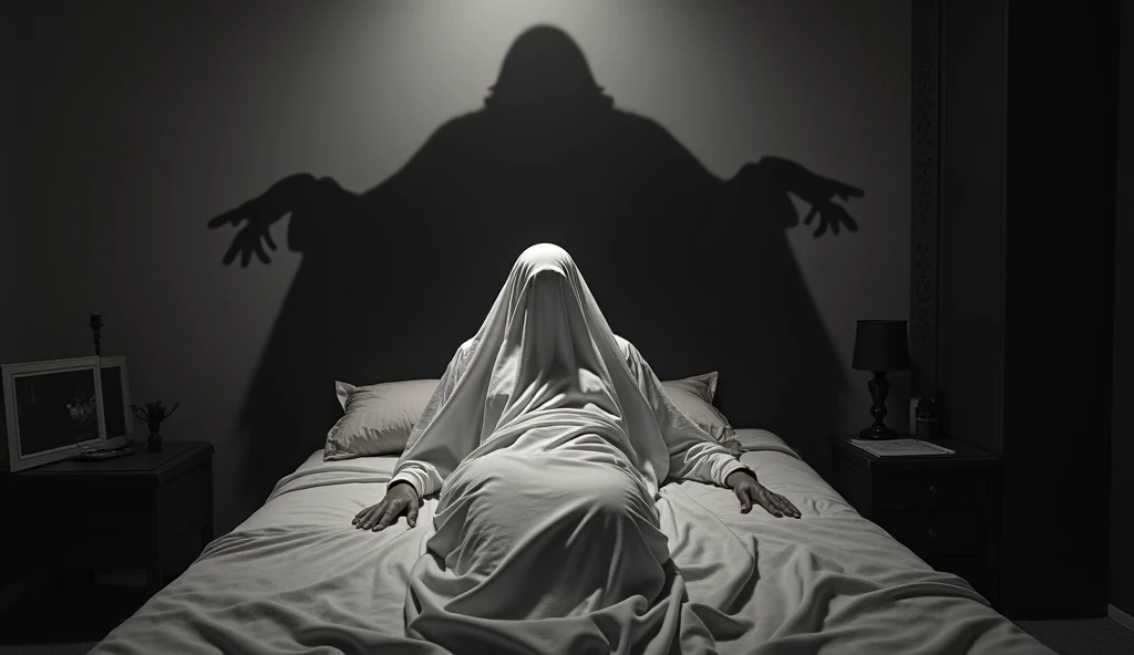 A man lying on a bed( completely covered by a sheet from head to toe) He seems to be tied by an invisible rope and on either side of him are two demonic shadows that seem to be talking to him. .
On the ceiling of the room you can see 2 cat eyes. The image looks dark..
The image is in black and white. The man seems to be screaming under the sheet. The man is completely covered by the sheet up to his face.