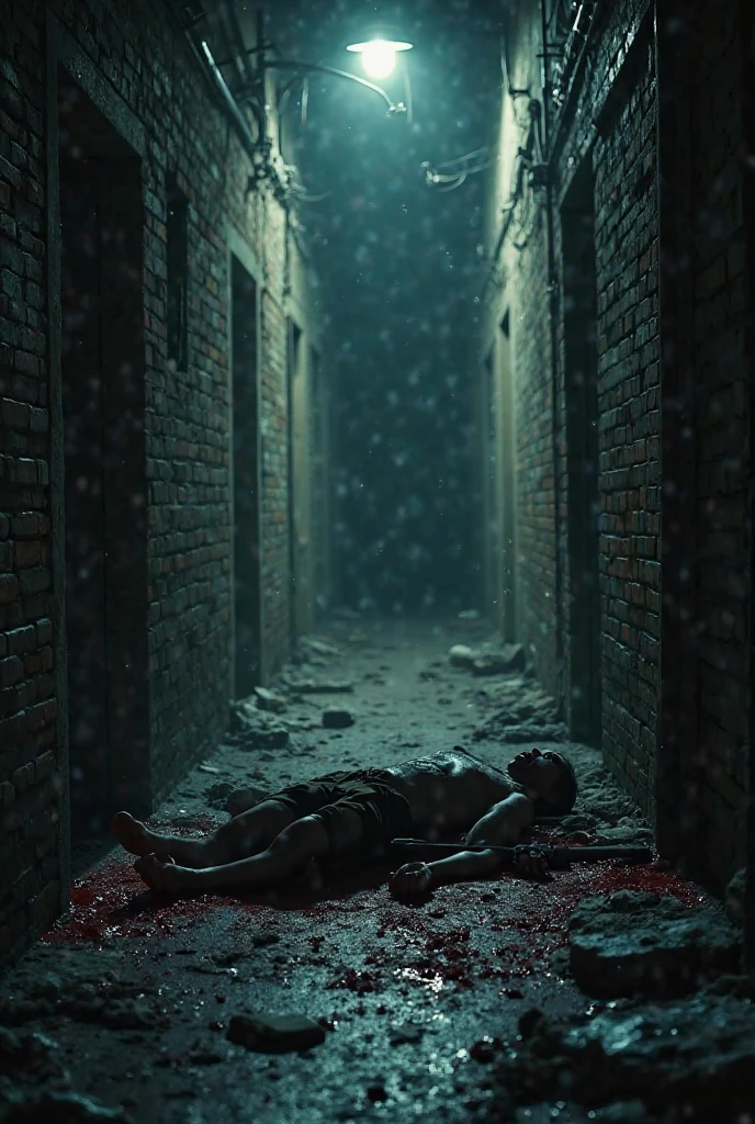 A person hanging with a rope, death sentence against a eerie backdrop with splatters of blood, a grim setting resembling a deadly shooting, featuring a large pistol, creepy layout, blood, shooting, 